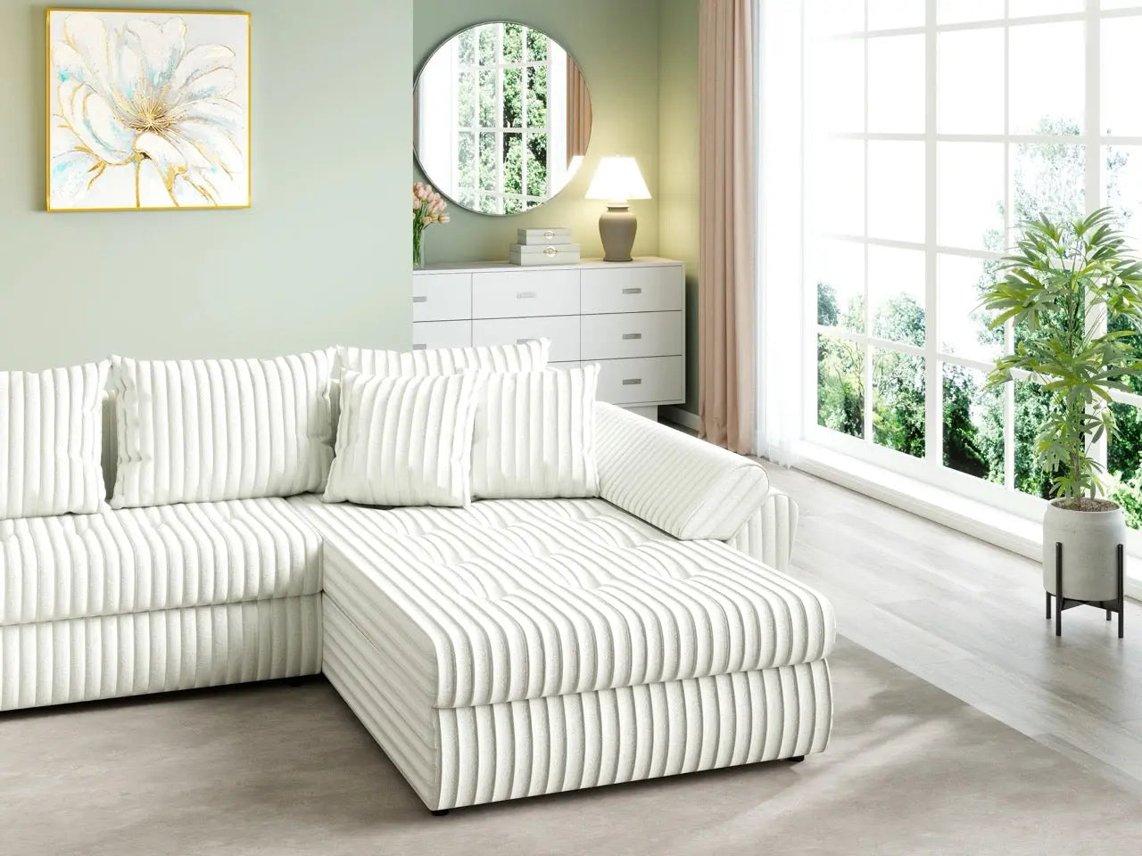 Colțar extensibil dumonde cu ladă de depozitare si sezut confortabil din spuma HR, Loana U Ambience Ivory 355x185 cm Fabrica