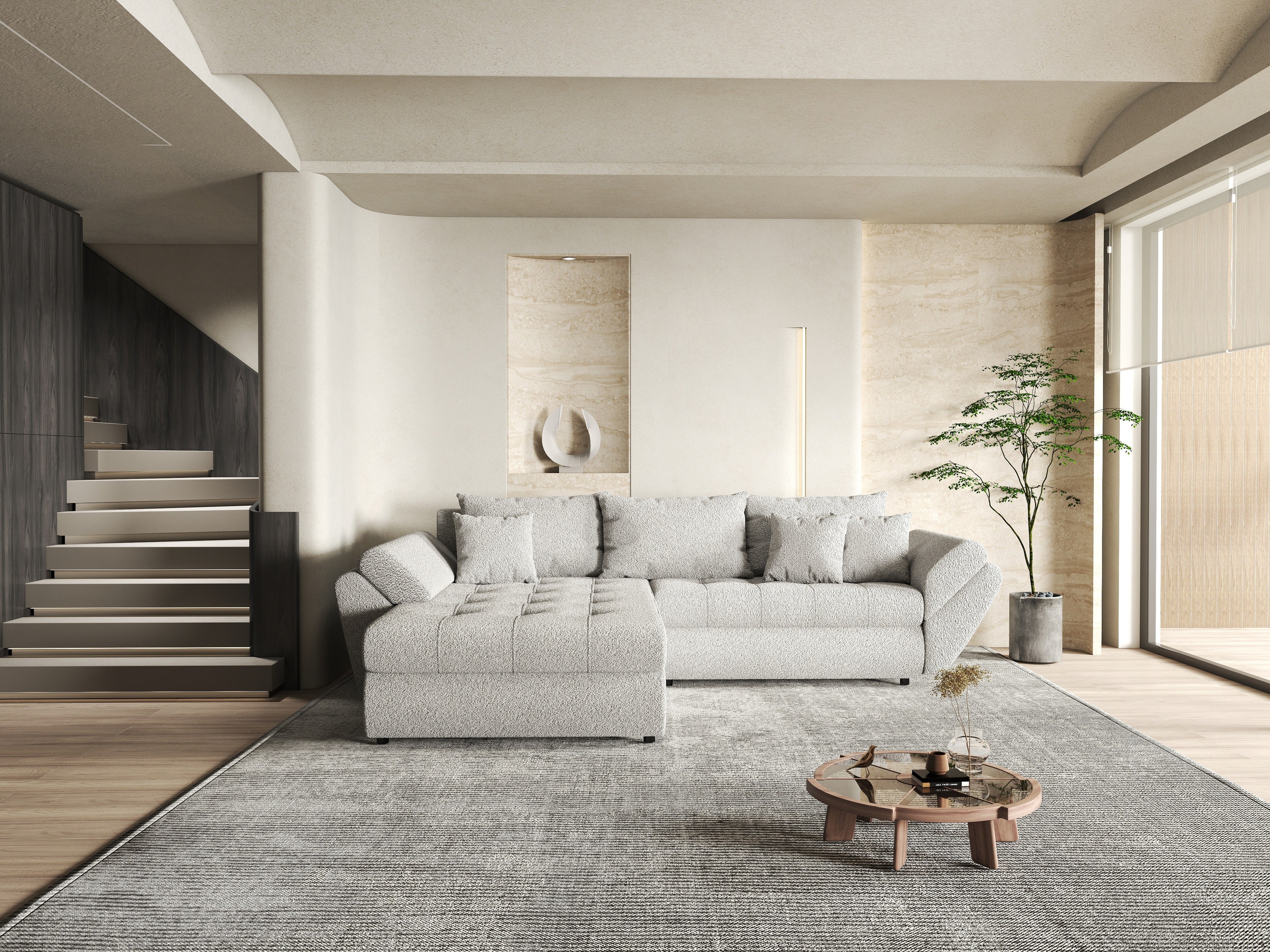 Colțar extensibil dumonde cu ladă de depozitare si sezut confortabil din spuma HR, Loana Euphoria Dove 270x185 cm Fabrica