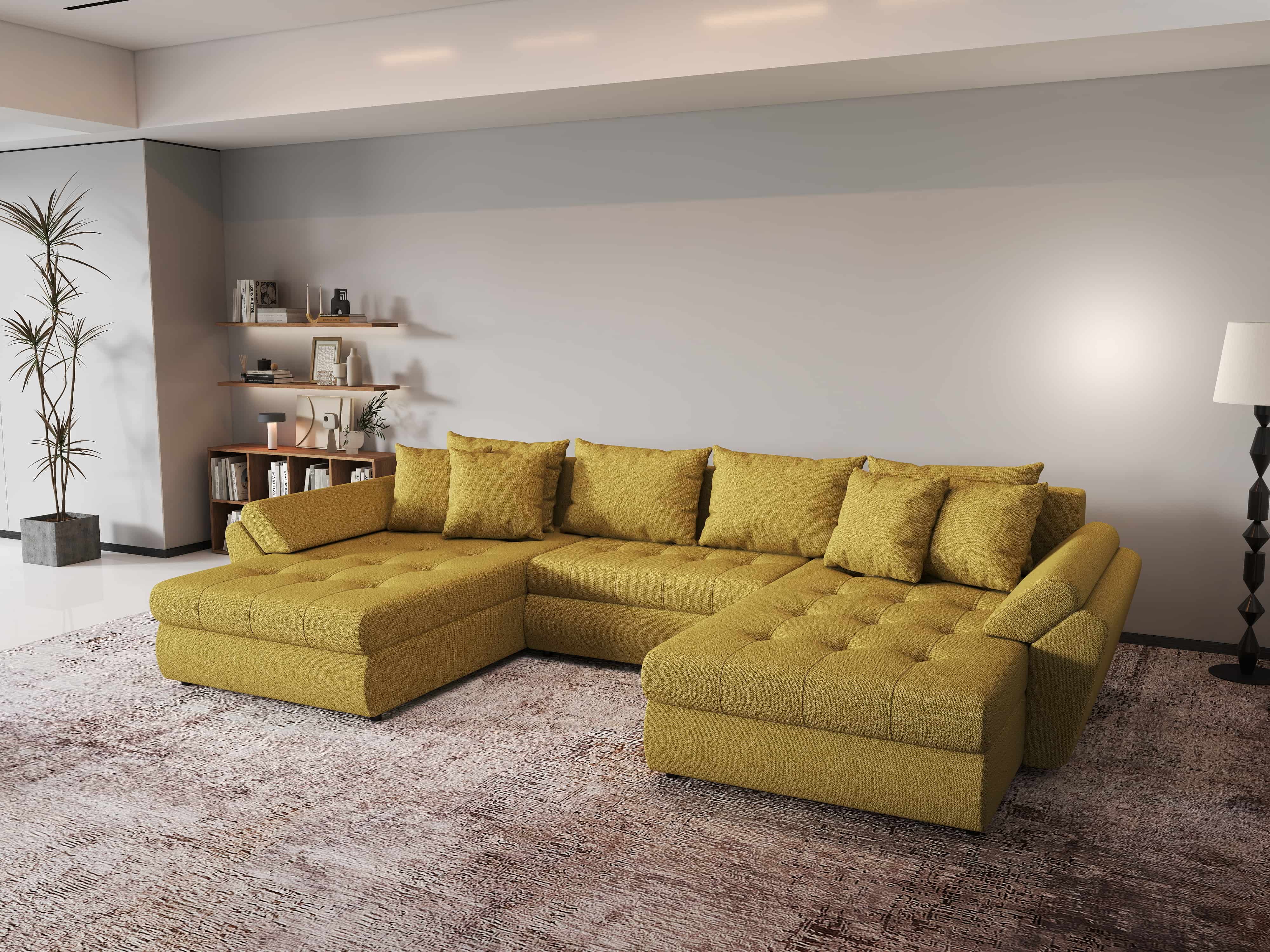 Colțar extensibil dumonde cu ladă de depozitare si sezut confortabil din spuma HR, Loana U Melon 355x185 cm Fabrica