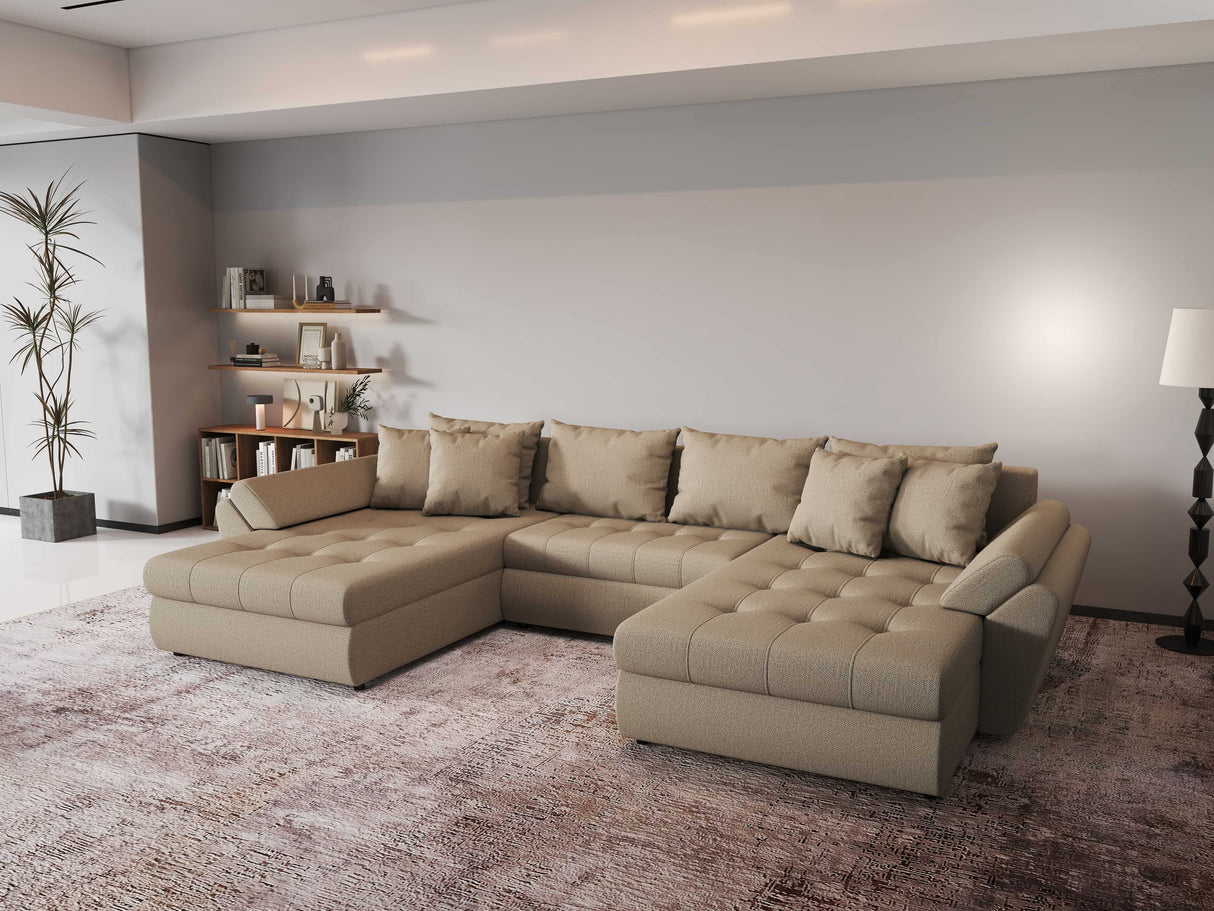 Colțar extensibil dumonde cu ladă de depozitare si sezut confortabil din spuma HR, Loana Bej U 355x185 cm Fabrica