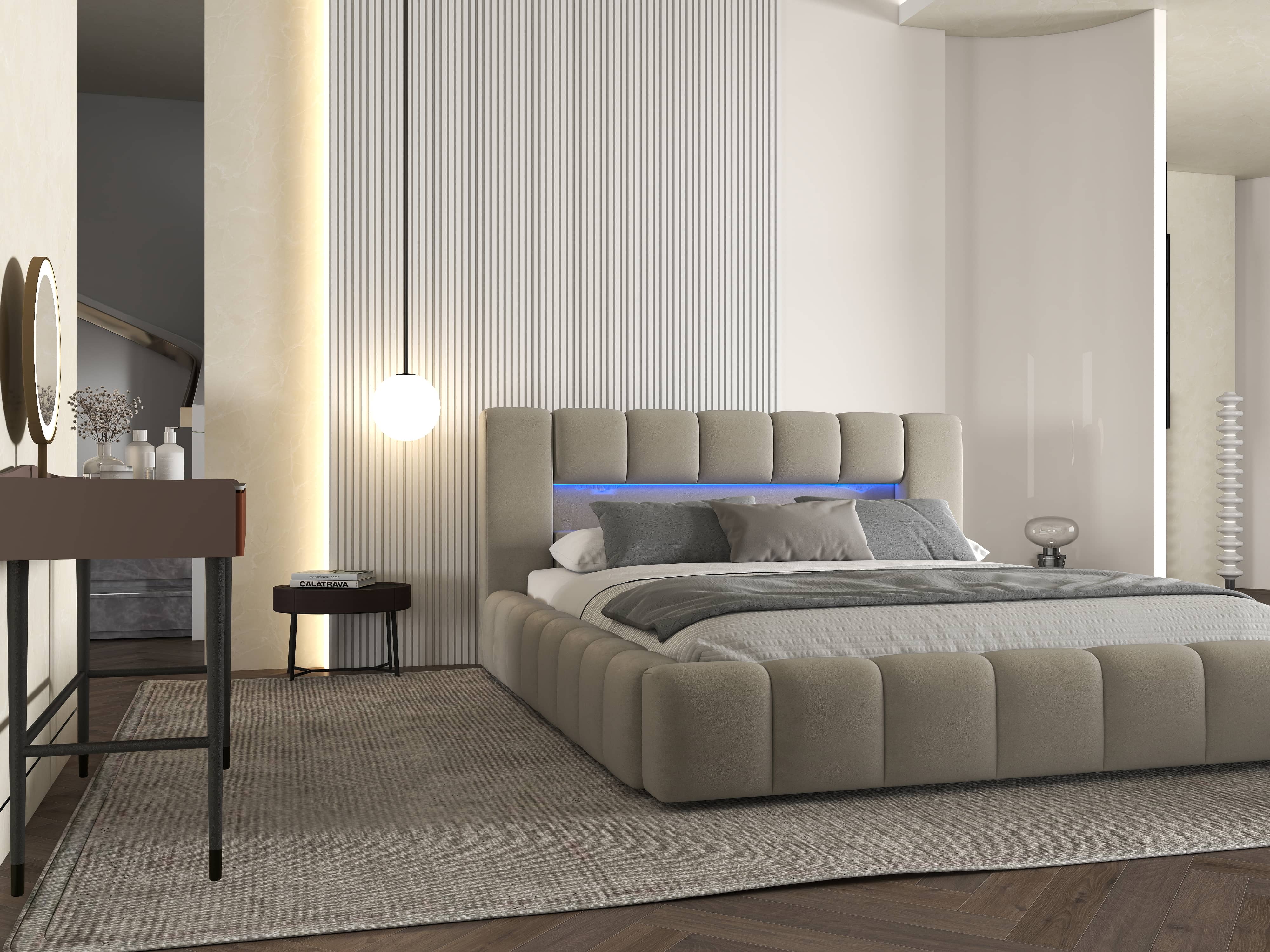 Pat dormitor dumonde, tapitat bej cu LED si USB, Palermo 180x200 cm, somiera rabatabila inclusa, spatiu depozitare