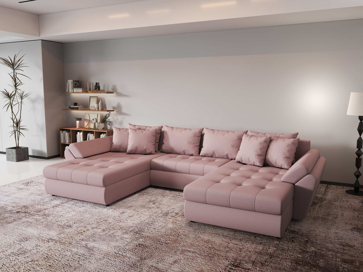 Colțar extensibil dumonde cu ladă de depozitare si sezut confortabil din spuma HR, Loana Enjoy Roz U 355x185 cm Fabrica
