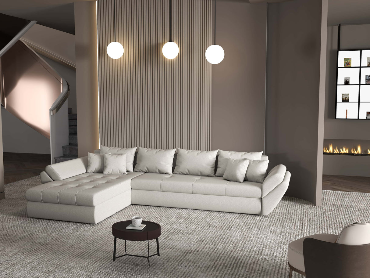 Colțar extensibil dumonde cu ladă de depozitare si sezut confortabil din spuma HR, Loana XL Enjoy Beige 335x185 cm Fabrica