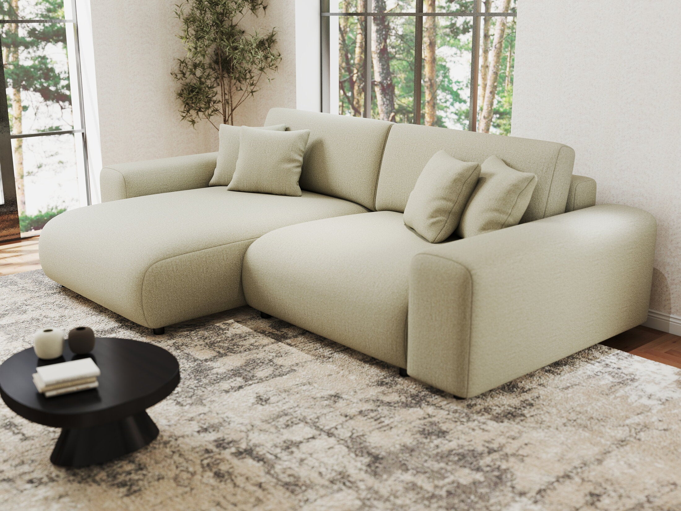 Colțar extensibil dumonde cu ladă de depozitare si sezut confortabil din spuma HR, Sarina Enjoy Bej 255x168 cm