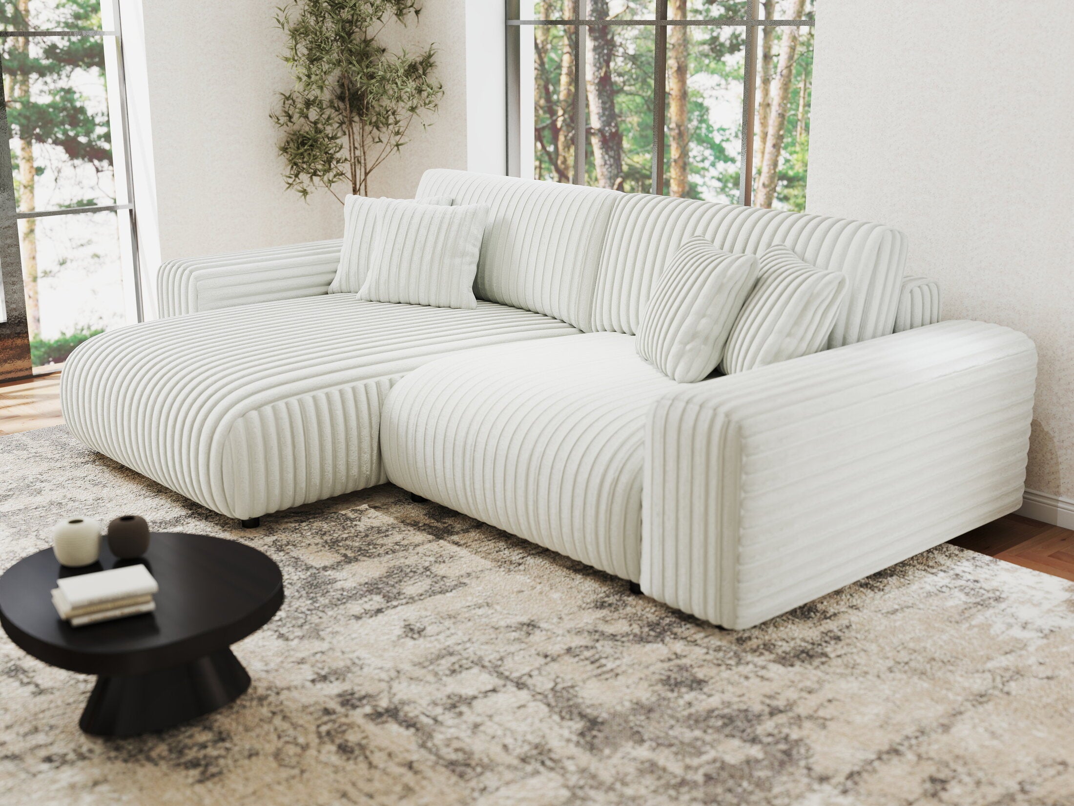 Colțar extensibil dumonde cu ladă de depozitare si sezut confortabil din spuma HR, Sarina Ambience Alb 255x168 cm