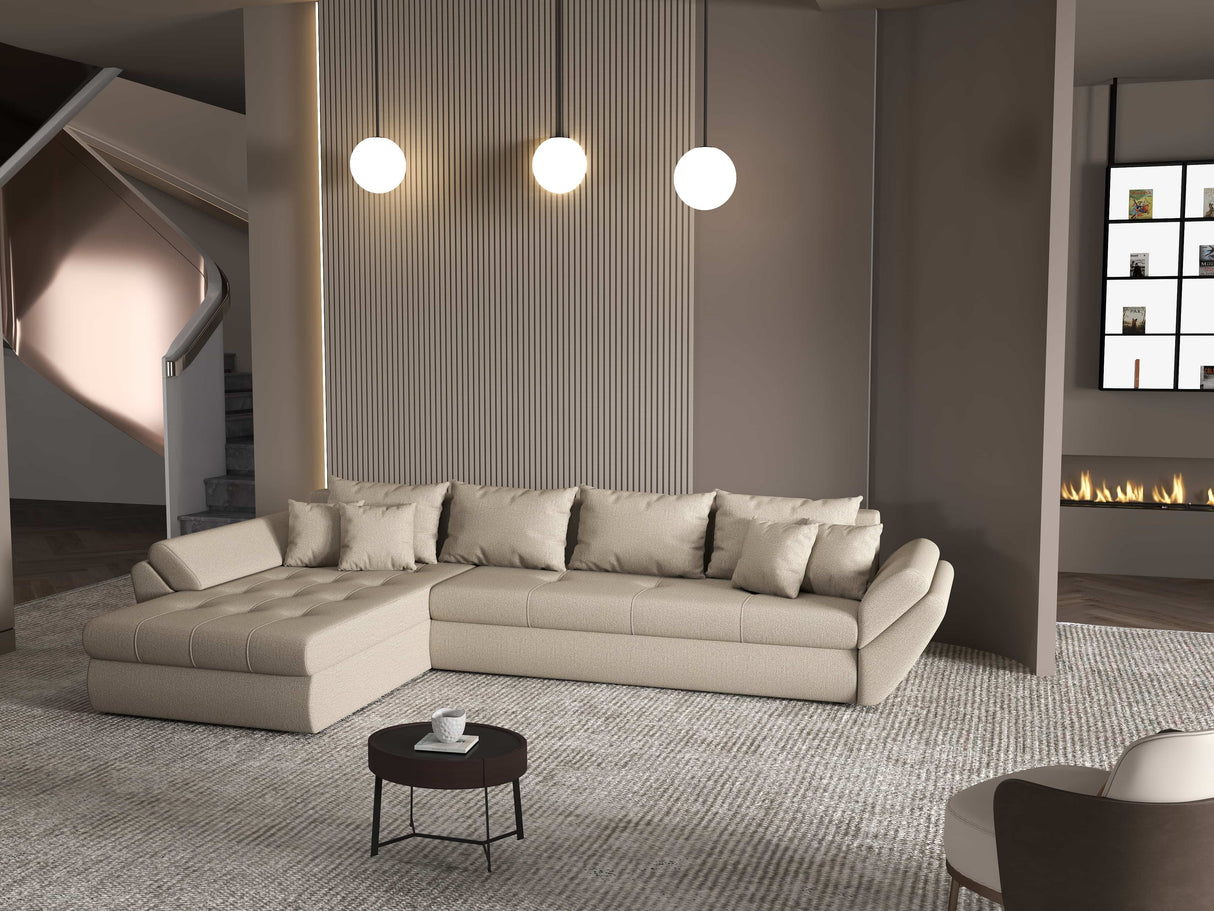 Colțar extensibil dumonde cu ladă de depozitare si sezut confortabil din spuma HR, Loana XL Enjoy Bej 335x185 cm Fabrica