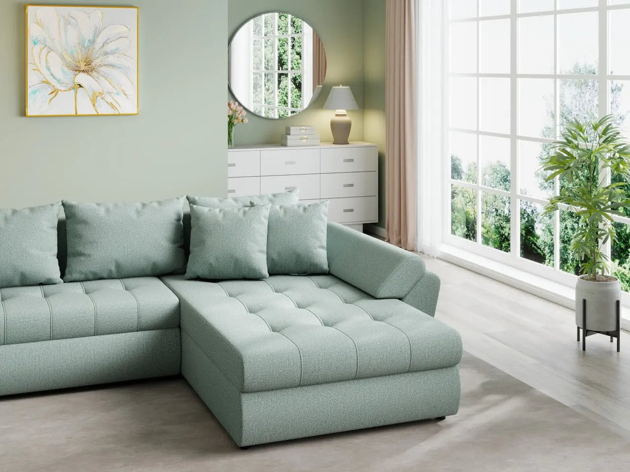 Colțar extensibil dumonde cu ladă de depozitare si sezut confortabil din spuma HR, Loana U Enjoy Mint 355x185 cm Fabrica