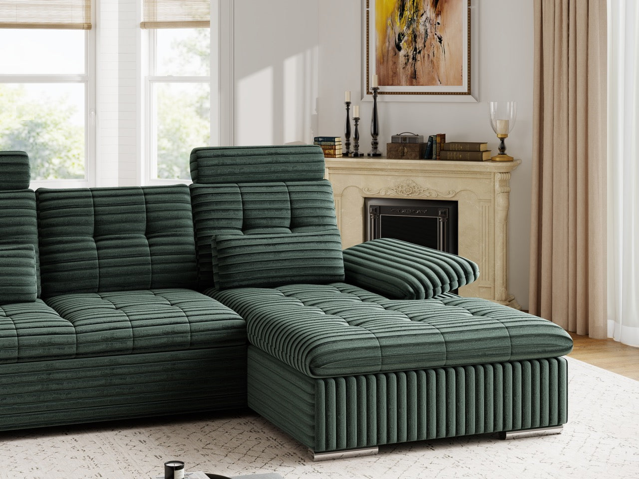 Colțar extensibil dumonde cu ladă de depozitare și șezut confortabil din spumă HR, Merkur Ambience Verde 270x168 cm II