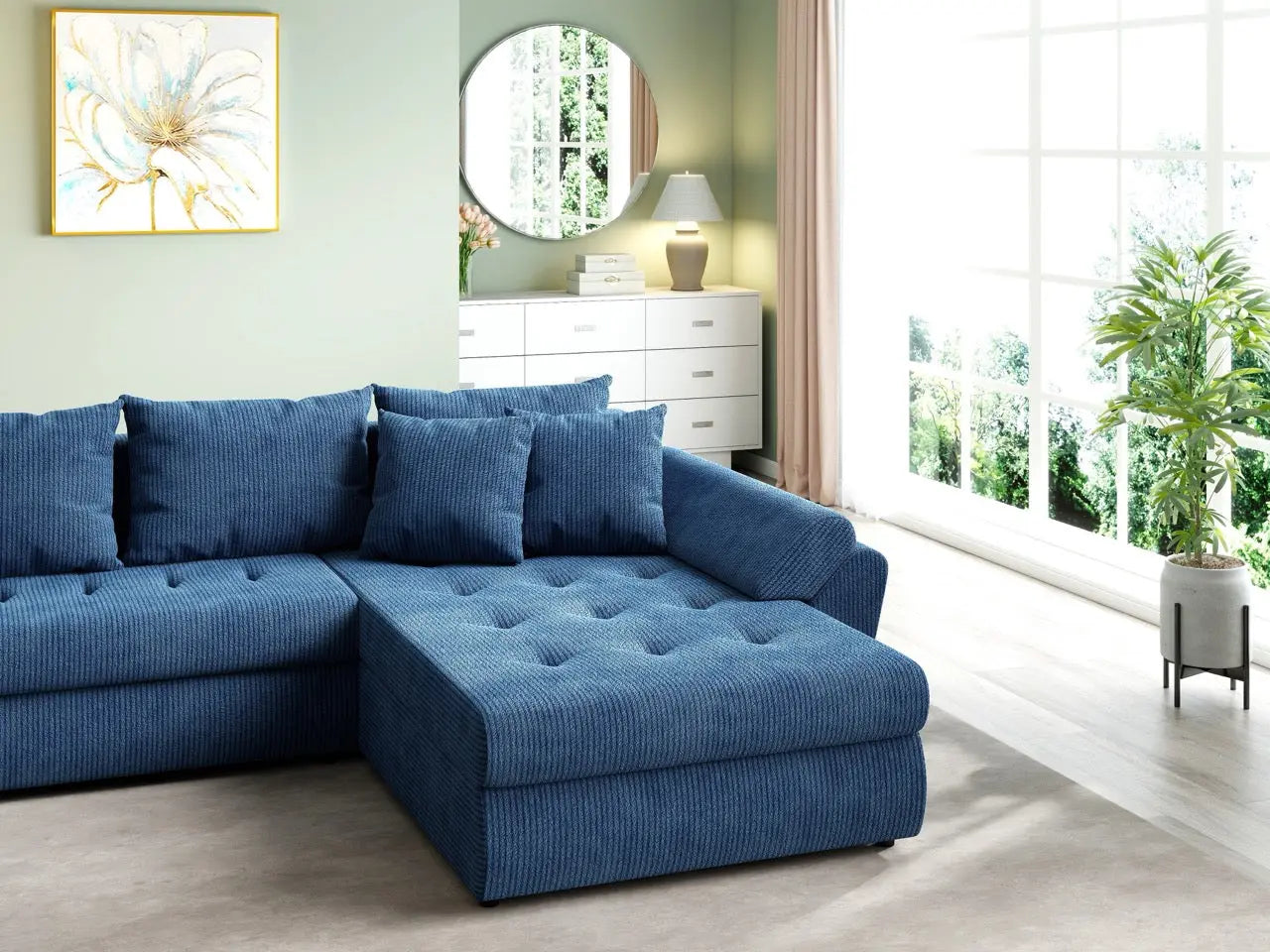 Colțar extensibil dumonde cu ladă de depozitare si sezut confortabil din spuma HR, Loana U Zoom Blue 355x185 cm Fabrica