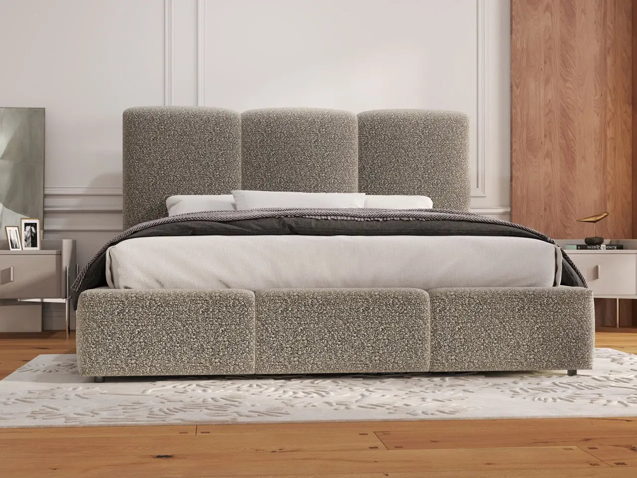 Pat dormitor dumonde, tapitat gri, Dinasty 160x200 cm, somiera rabatabila inclusa, spatiu depozitare WLS