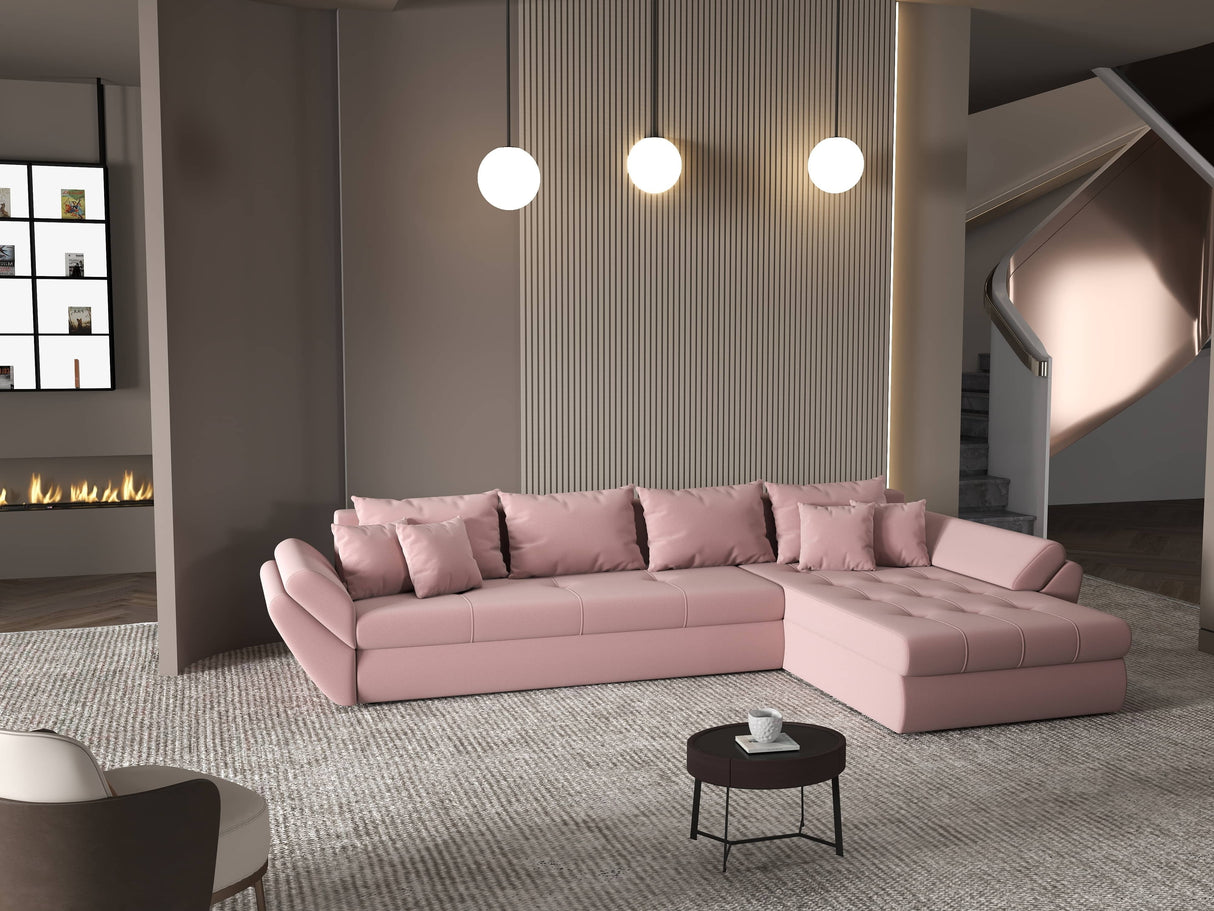 Colțar extensibil dumonde cu ladă de depozitare si sezut confortabil din spuma HR, Loana XL Royal Roz II 335x185 cm Fabrica