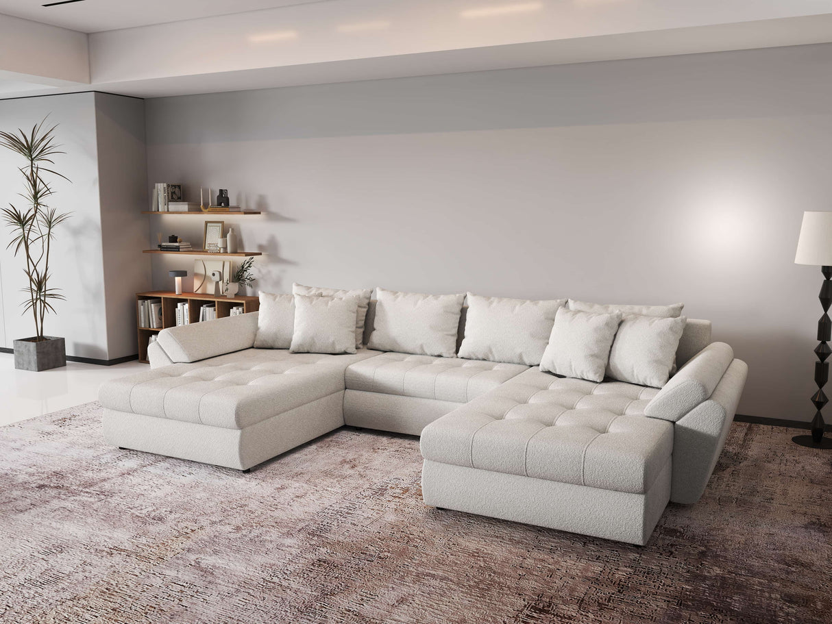 Colțar extensibil dumonde cu ladă de depozitare si sezut confortabil din spuma HR, Loana U Bej Euphoria 355x185 cm Fabrica