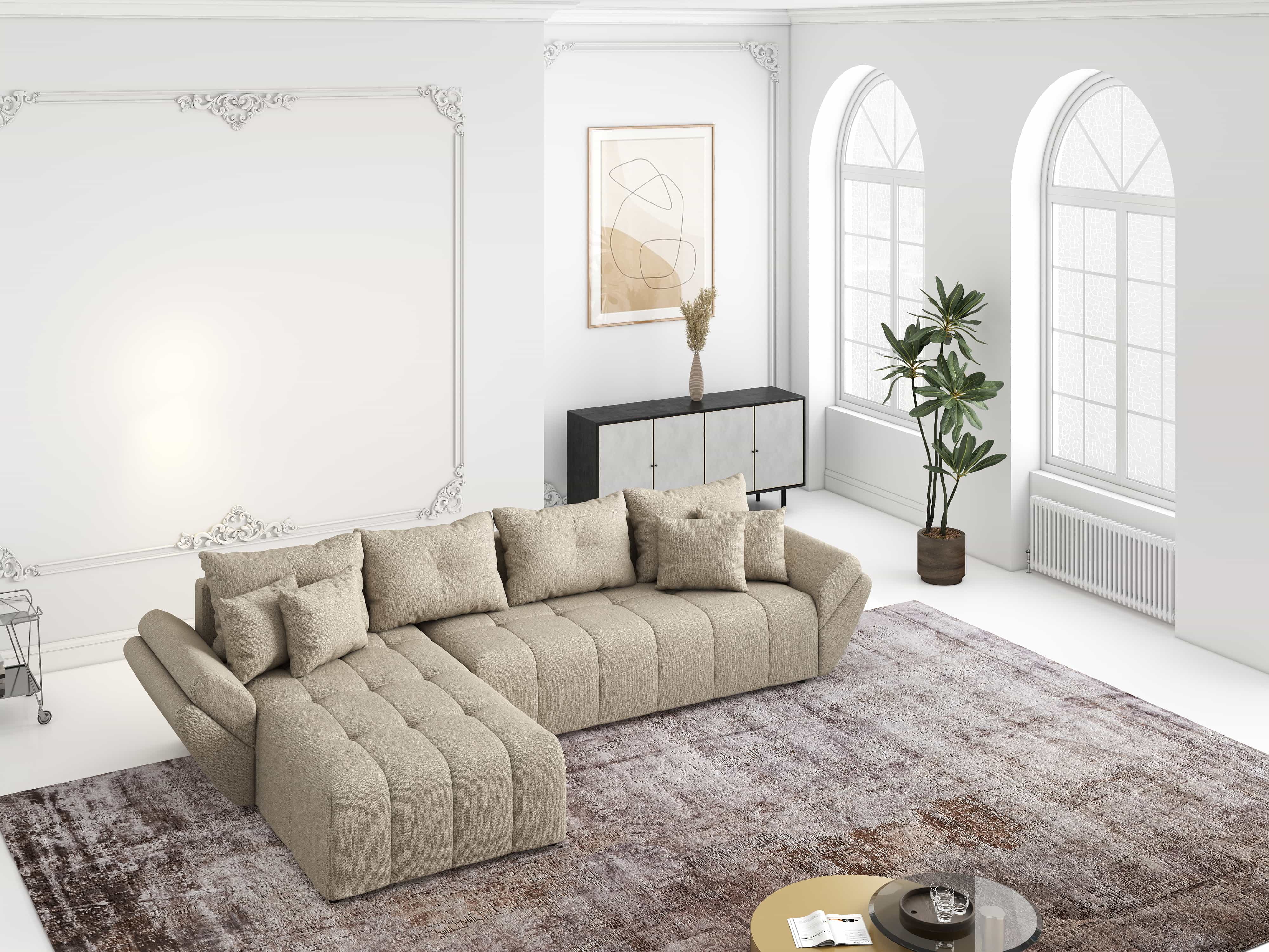 Colțar extensibil dumonde cu ladă de depozitare si sezut confortabil din spuma HR, Berlin XL Enjoy Camel 350x185 cm Fabrica