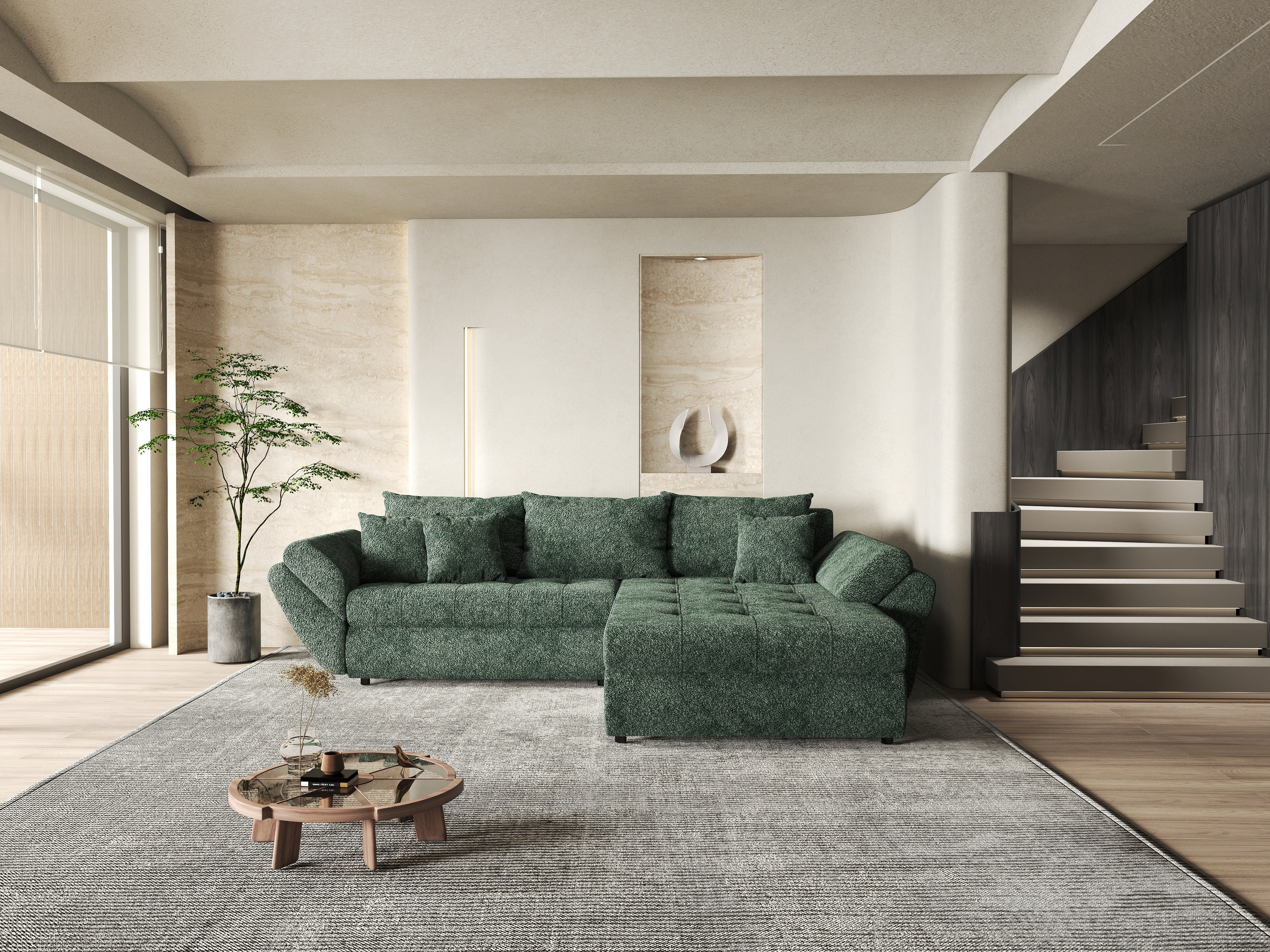 Colțar extensibil dumonde cu ladă de depozitare si sezut confortabil din spuma HR, Loana Euphoria Green II 270x185 cm Fabrica