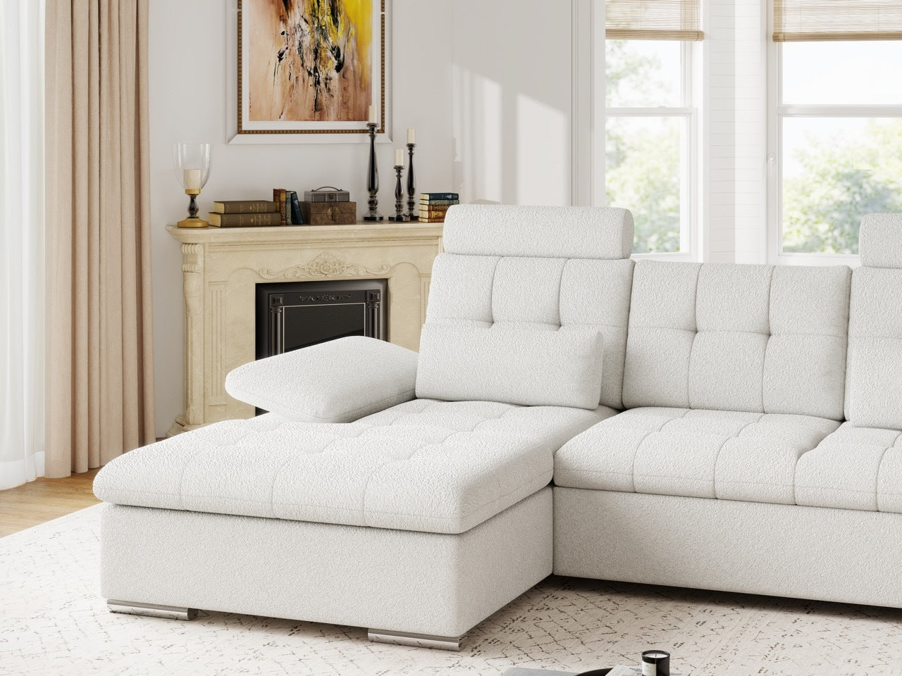 Colțar extensibil dumonde cu ladă de depozitare și șezut confortabil din spumă HR, Merkur Euphoria Alb 270x168 cm