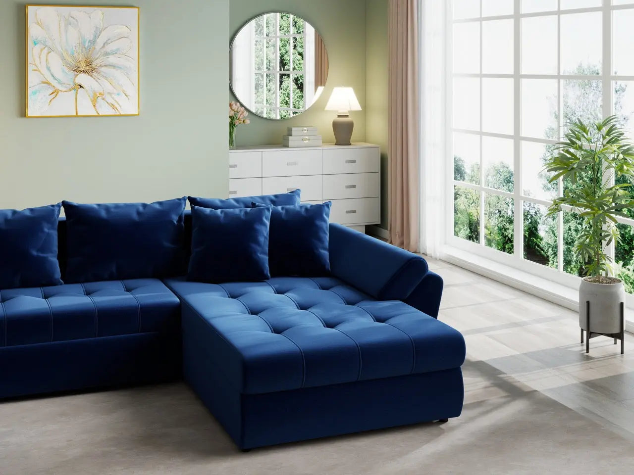 Colțar extensibil dumonde cu ladă de depozitare si sezut confortabil din spuma HR, Loana U Royal Blue 355x185 cm Fabrica