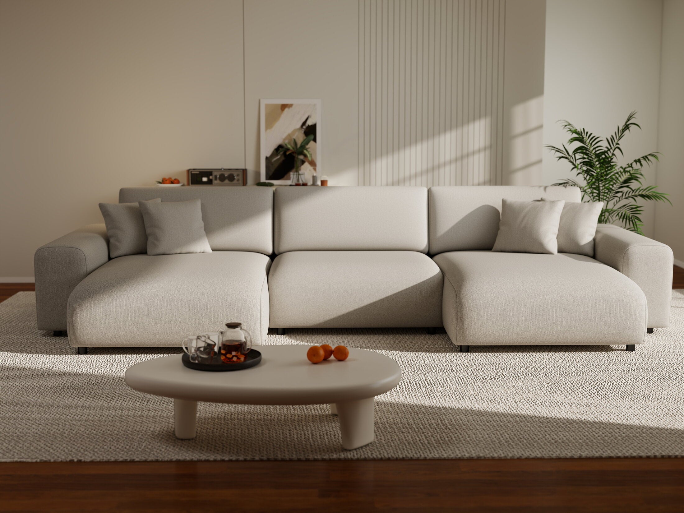 Colțar extensibil dumonde cu ladă de depozitare si sezut confortabil din spuma HR, Sarina U Enjoy Bej 350x168 cm