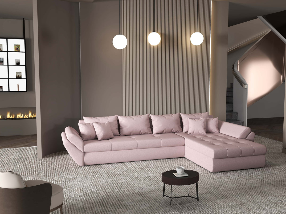 Colțar extensibil dumonde cu ladă de depozitare si sezut confortabil din spuma HR, Loana XL Enjoy Roz II 335x185 cm Fabrica