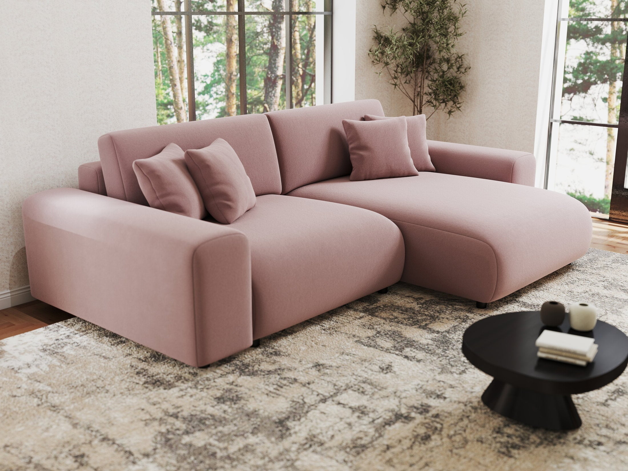 Colțar extensibil dumonde cu ladă de depozitare si sezut confortabil din spuma HR, Sarina Royal Roz 255x168 cm II