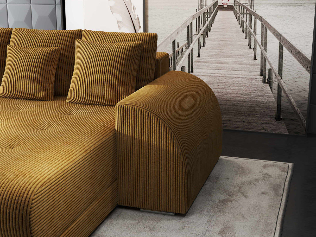 Colțar extensibil dumonde cu ladă de depozitare si sezut confortabil din spuma HR, Verona Zoom Mustar II 290x185 cm Fabrica