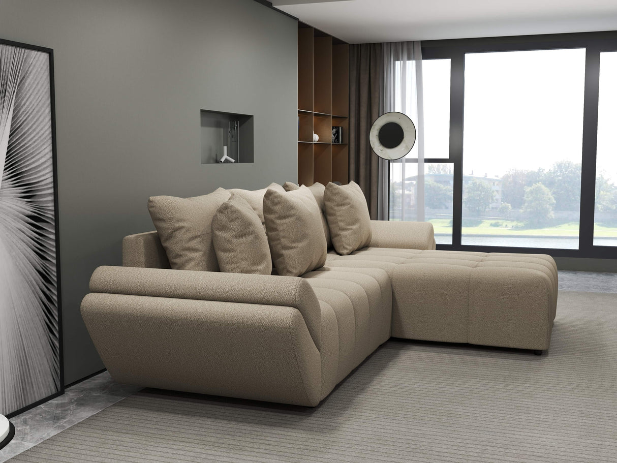 Colțar extensibil dumonde cu ladă de depozitare si sezut confortabil din spuma HR, Berlin Enjoy Beige 280x185 cm II Fabrica
