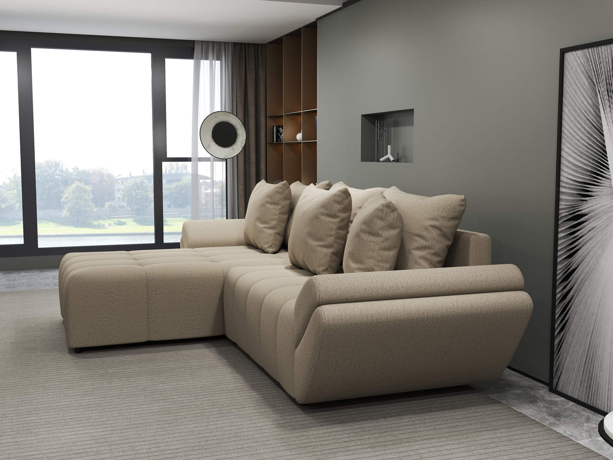Colțar extensibil dumonde cu ladă de depozitare si sezut confortabil din spuma HR, Berlin Enjoy Beige 280x185 cm Fabrica