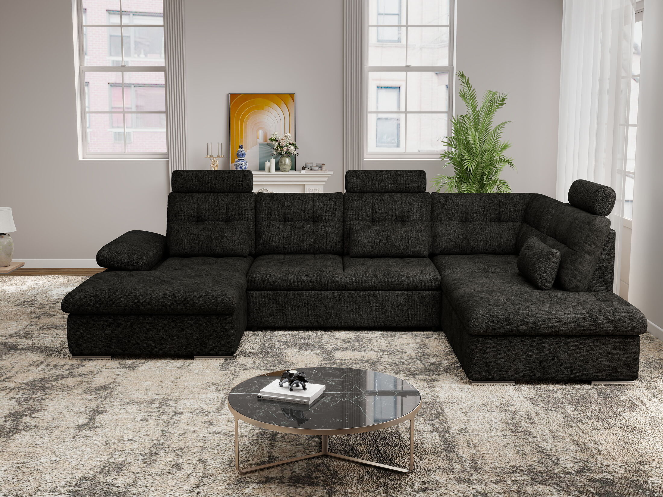 Colțar extensibil dumonde cu ladă de depozitare și șezut confortabil din spumă HR, Merkur U Enjoy Negru 324x218 cm