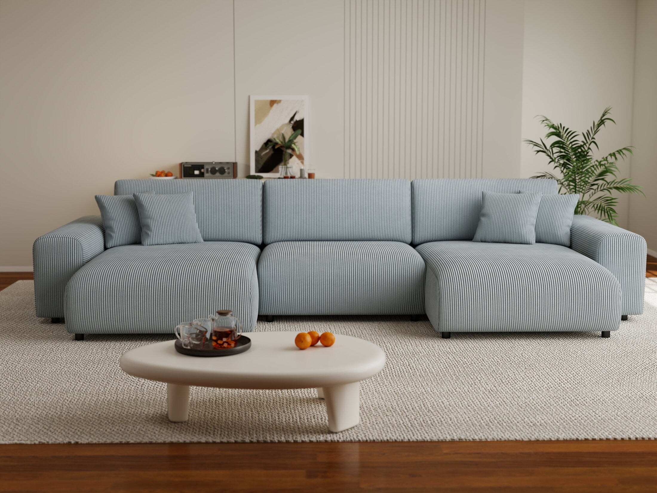 Colțar extensibil dumonde cu ladă de depozitare si sezut confortabil din spuma HR, Sarina U Zoom Gri Mint 350x168 cm