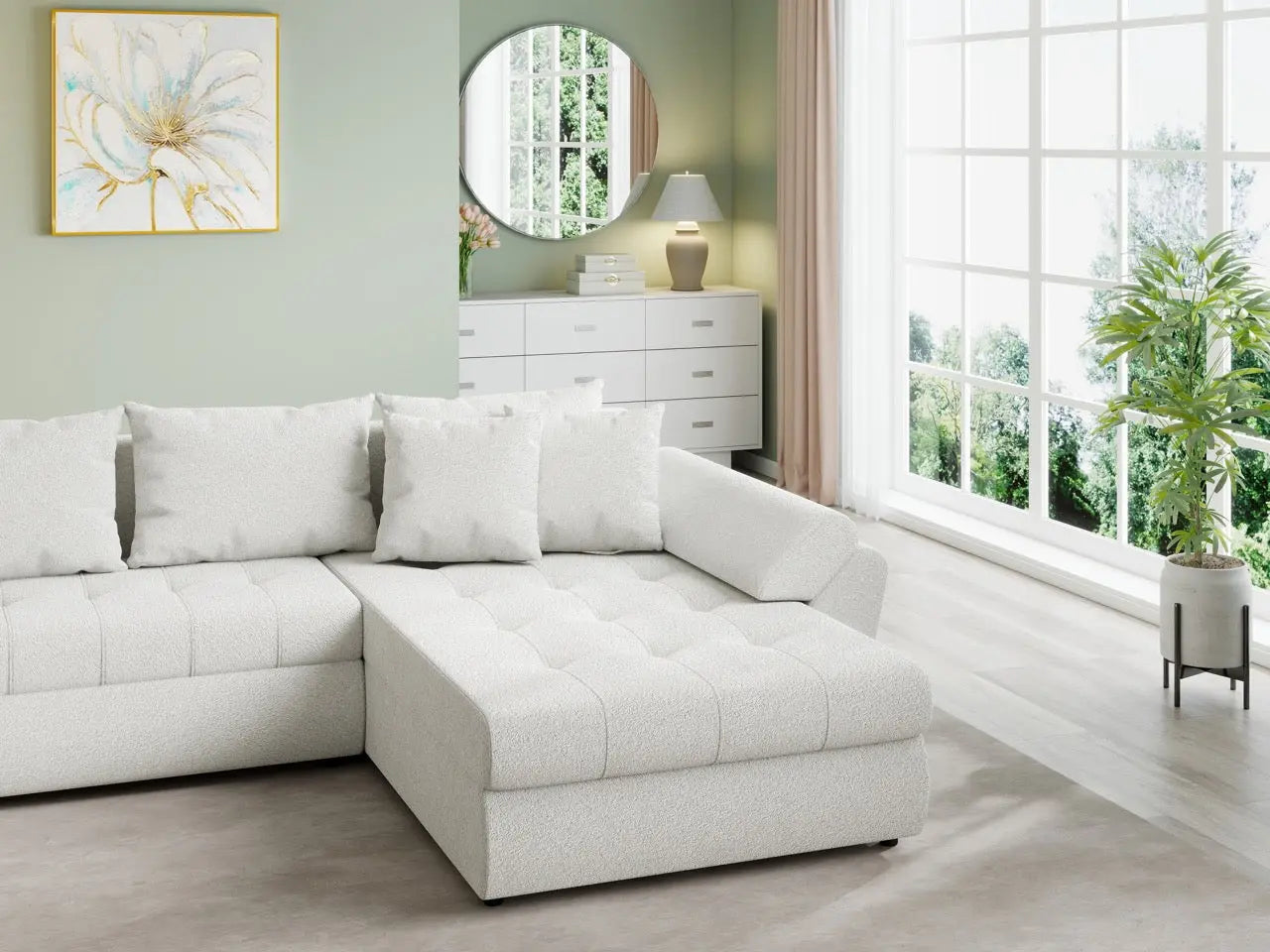 Colțar extensibil dumonde cu ladă de depozitare si sezut confortabil din spuma HR, Loana U Euphoria Ivory 355x185 cm Fabrica