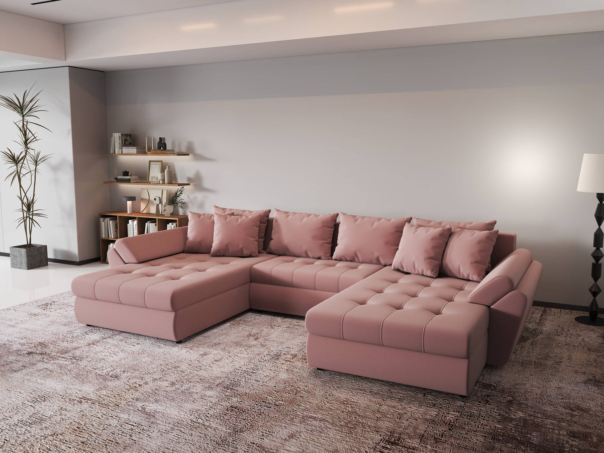 Colțar extensibil dumonde cu ladă de depozitare si sezut confortabil din spuma HR, Loana Royal Roz U 355x185 cm Fabrica