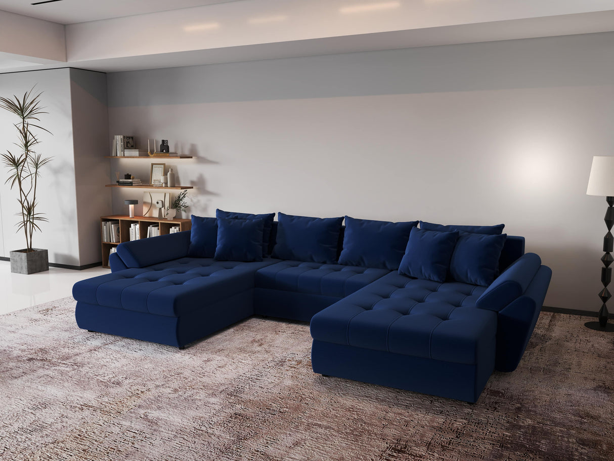 Colțar extensibil dumonde cu ladă de depozitare si sezut confortabil din spuma HR, Loana Royal Albastru U 355x185 cm Fabrica