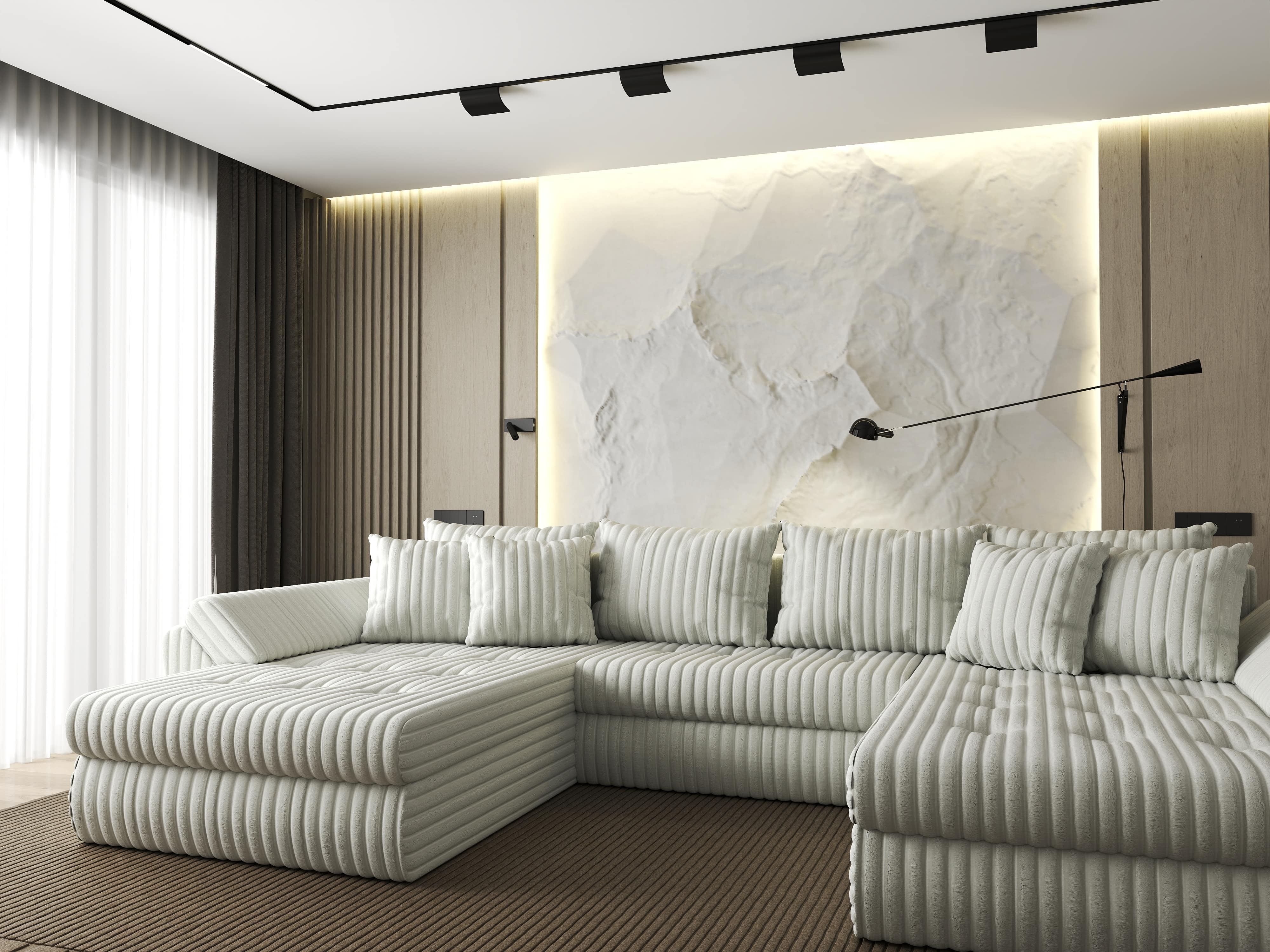 Colțar extensibil dumonde cu ladă de depozitare si sezut confortabil din spuma HR, Loana U Bej Ambience 355x185 cm Fabrica
