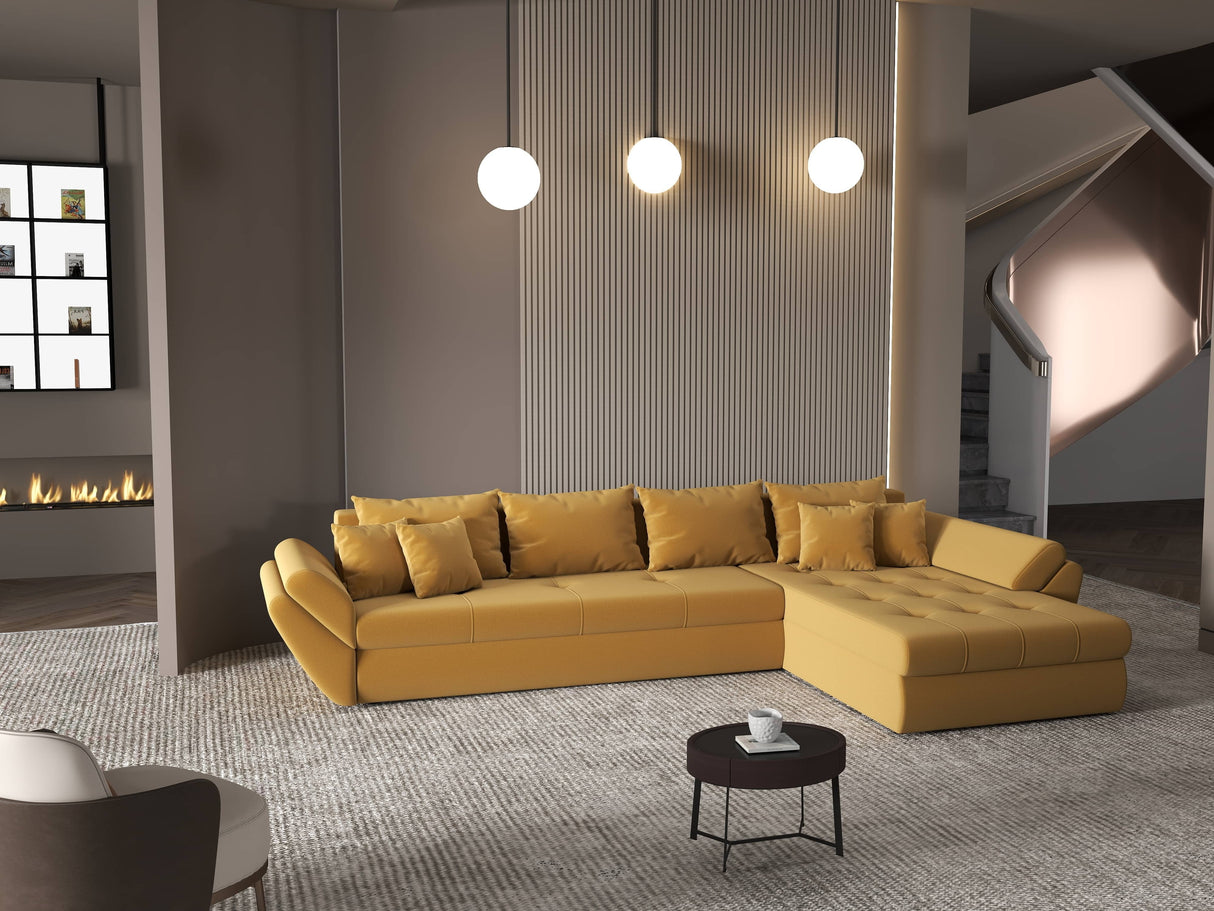 Colțar extensibil dumonde cu ladă de depozitare si sezut confortabil din spuma HR, Loana XL Royal Mustar II 335x185 cm Fabrica