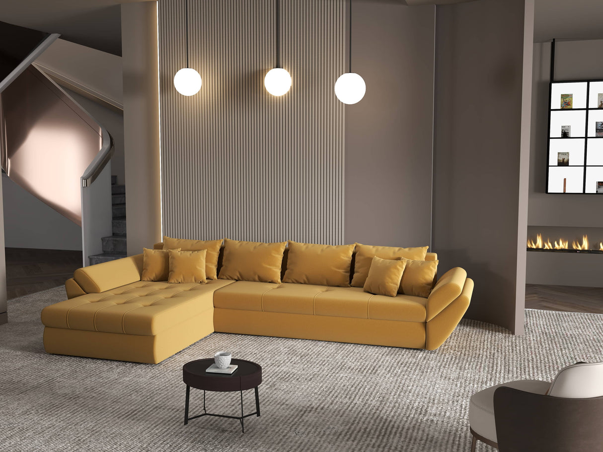 Colțar extensibil dumonde cu ladă de depozitare si sezut confortabil din spuma HR, Loana XL Royal Mustar 335x185 cm Fabrica