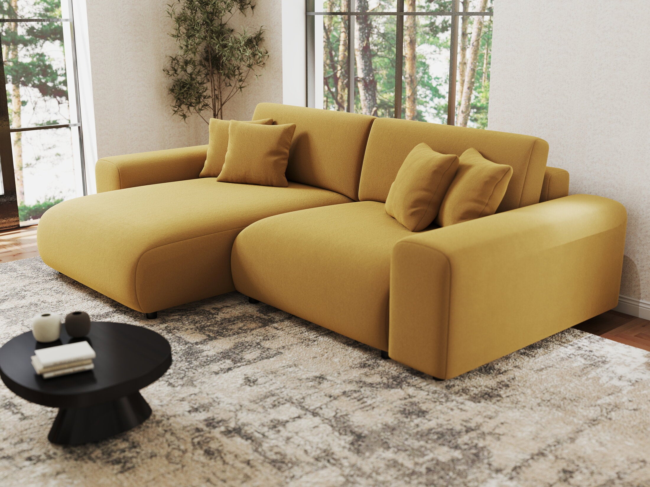 Colțar extensibil dumonde cu ladă de depozitare si sezut confortabil din spuma HR, Sarina Royal Mustar 255x168 cm