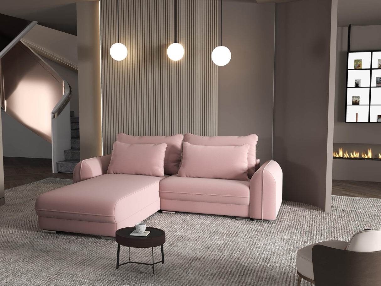 Colțar extensibil dumonde cu ladă de depozitare si sezut confortabil din spuma HR, Denver Royal Roz 275x185 cm Fabrica