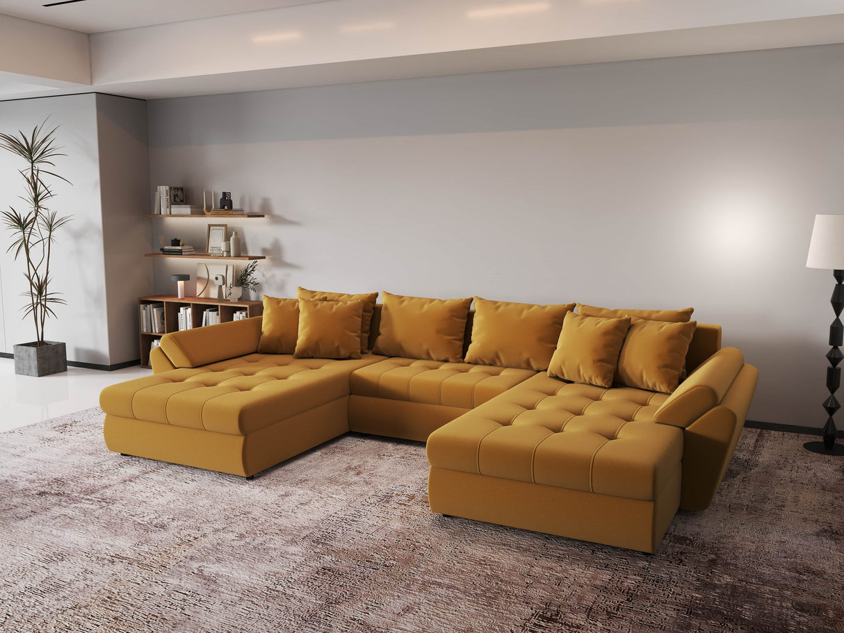 Colțar extensibil dumonde cu ladă de depozitare si sezut confortabil din spuma HR, Loana Royal Mustar U 355x185 cm Fabrica