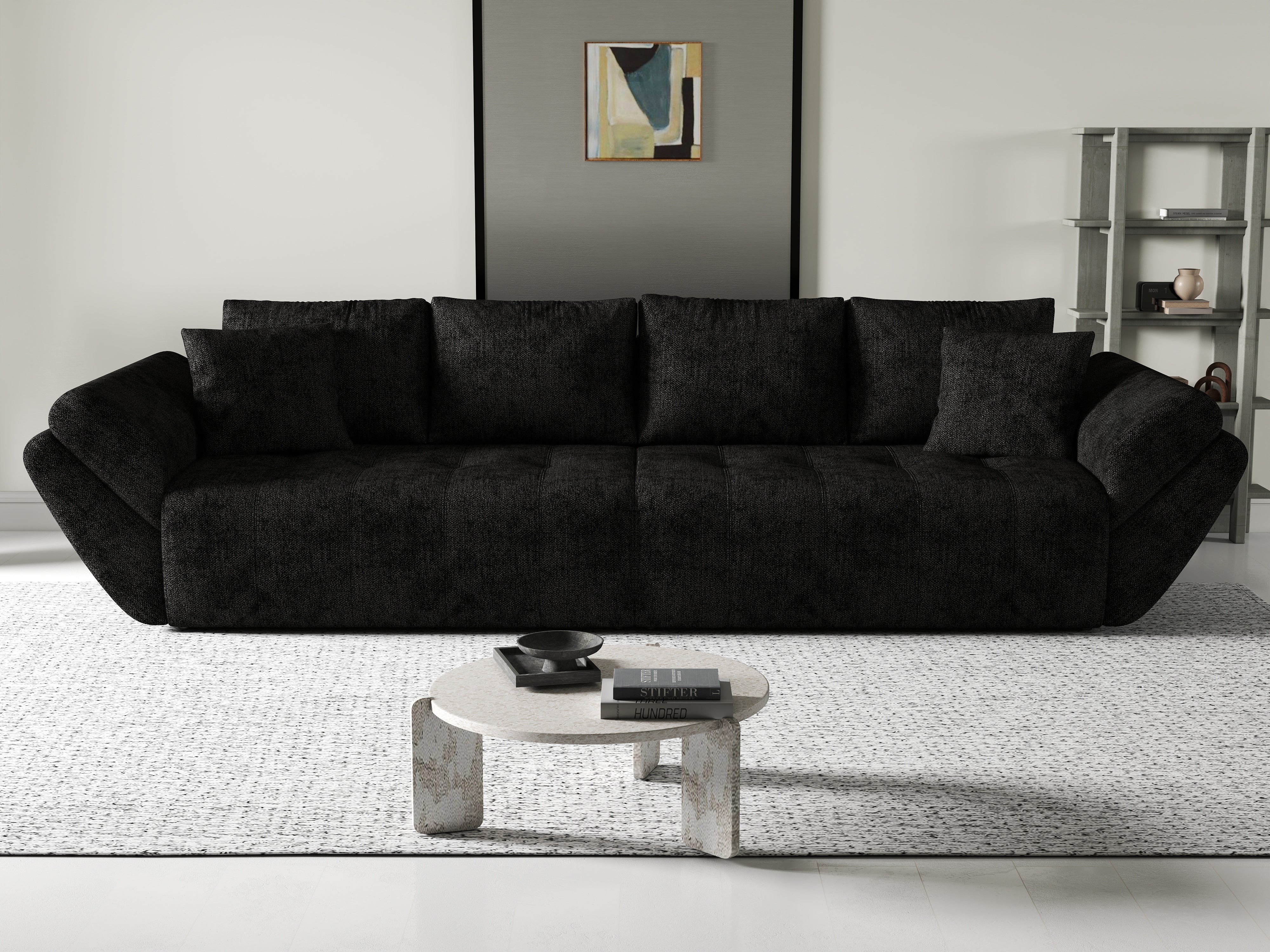 Canapea extensibilă dumonde cu ladă de depozitare si sezut confortabil din spuma HR, Berlin Black 300x100 cm Fabrica