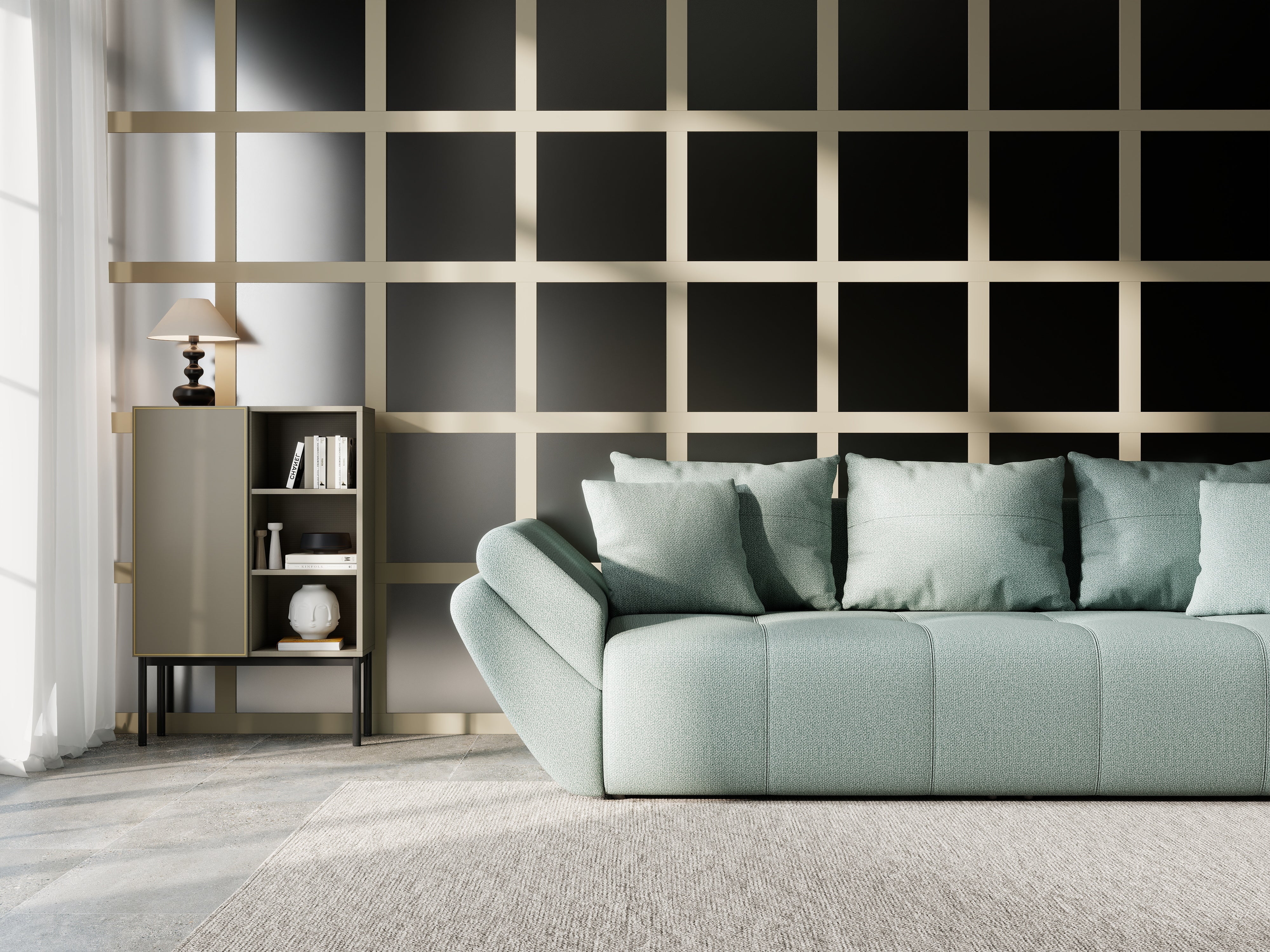 Canapea extensibilă dumonde cu ladă de depozitare si sezut confortabil din spuma HR, Berlin Mint 250x100 cm Fabrica
