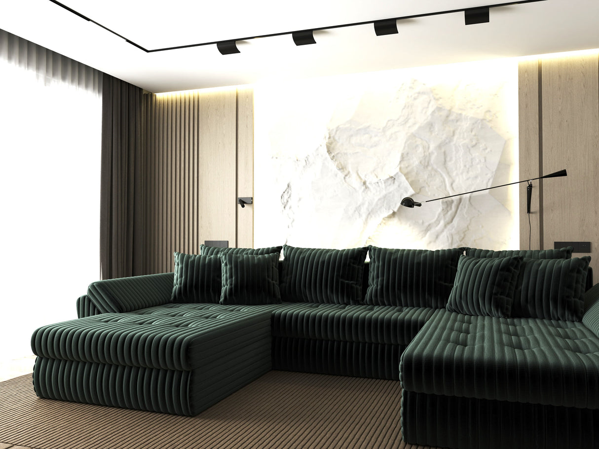 Colțar extensibil dumonde cu ladă de depozitare si sezut confortabil din spuma HR, Loana U Verde Ambience 355x185 cm Fabrica