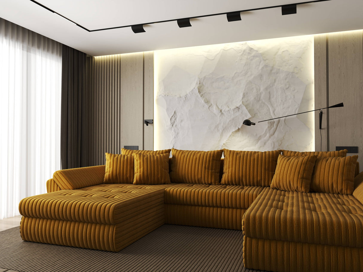 Colțar extensibil dumonde cu ladă de depozitare si sezut confortabil din spuma HR, Loana U Mustar Ambience 355x185 cm Fabrica