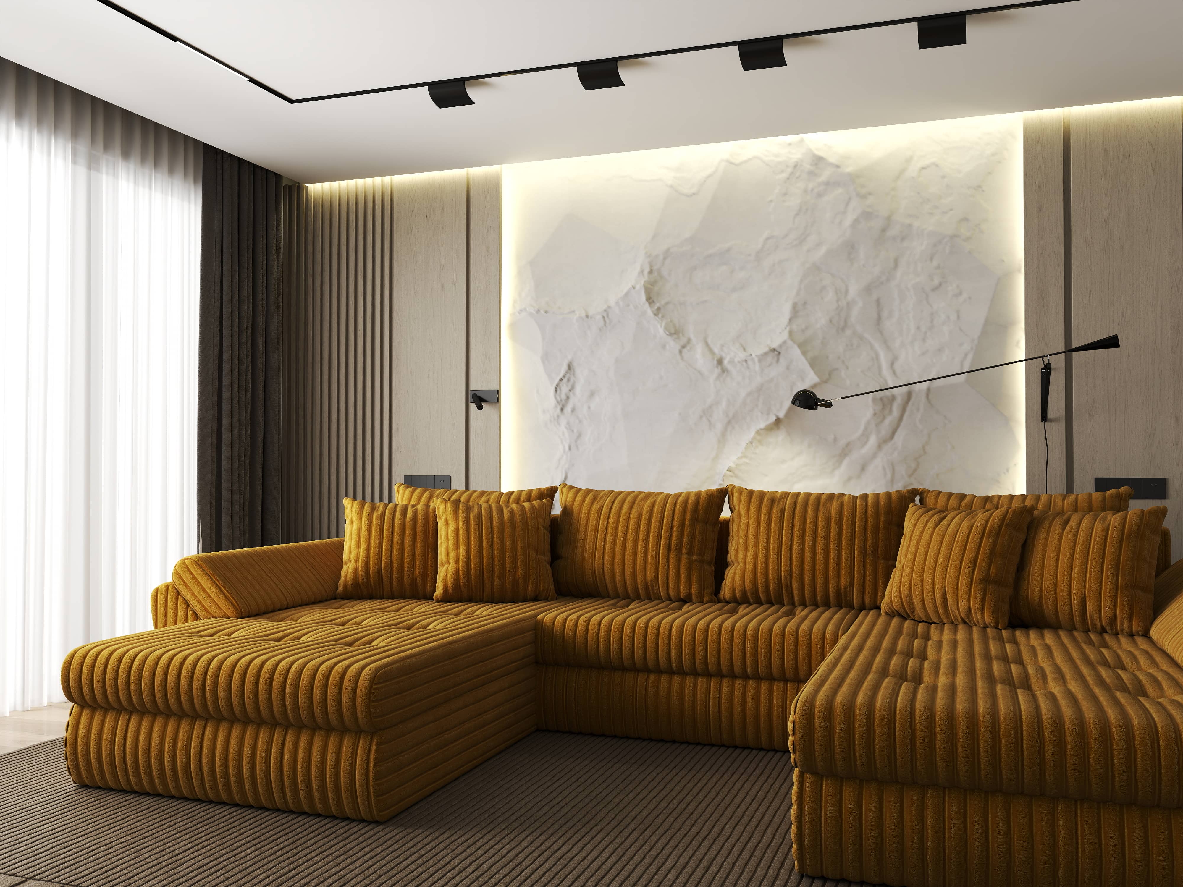 Colțar extensibil dumonde cu ladă de depozitare si sezut confortabil din spuma HR, Loana U Mustar Ambience 355x185 cm Fabrica