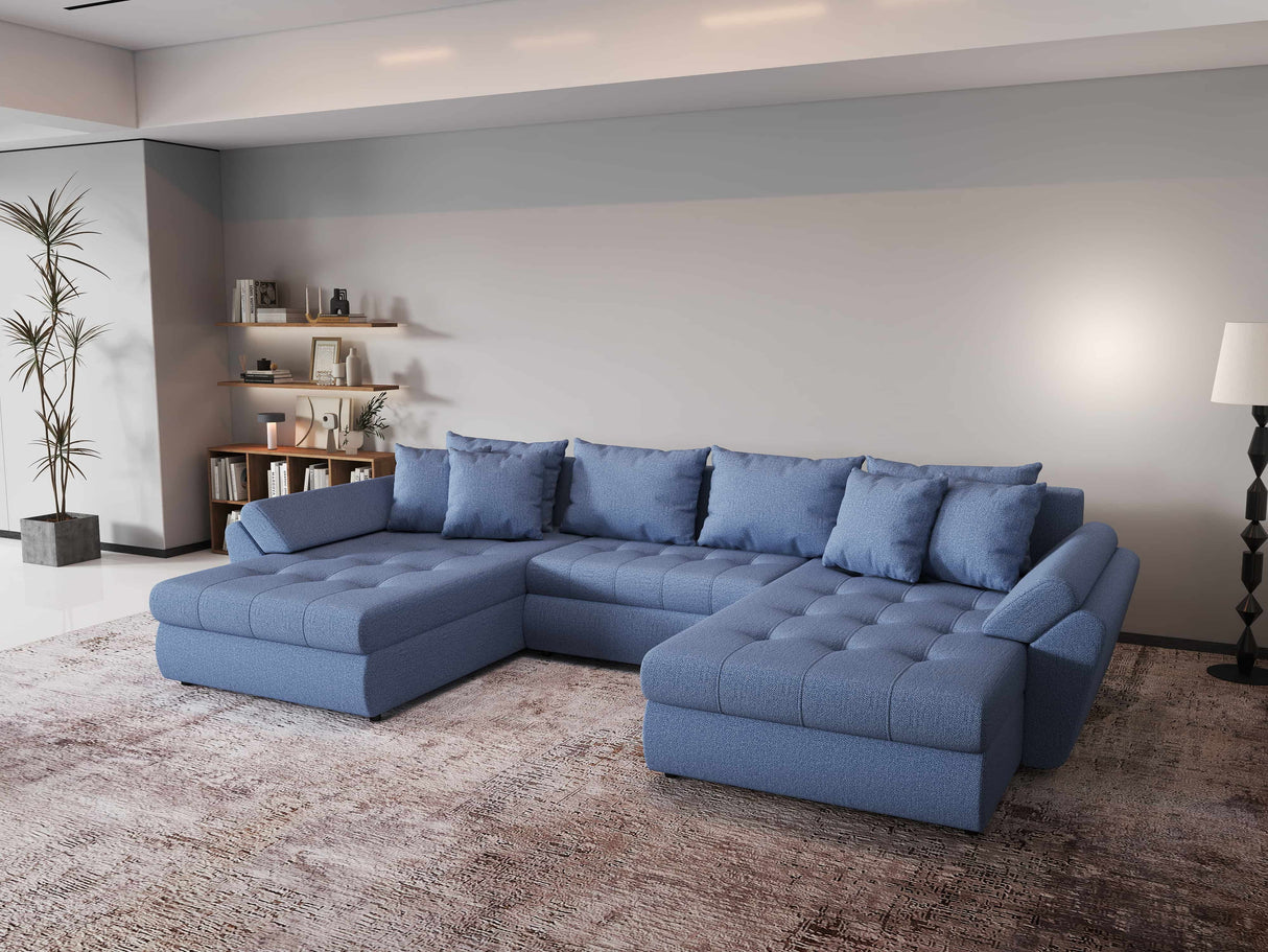 Colțar extensibil  dumonde cu ladă de depozitare si sezut confortabil din spuma HR, Loana Blue U 355x185 cm Fabrica