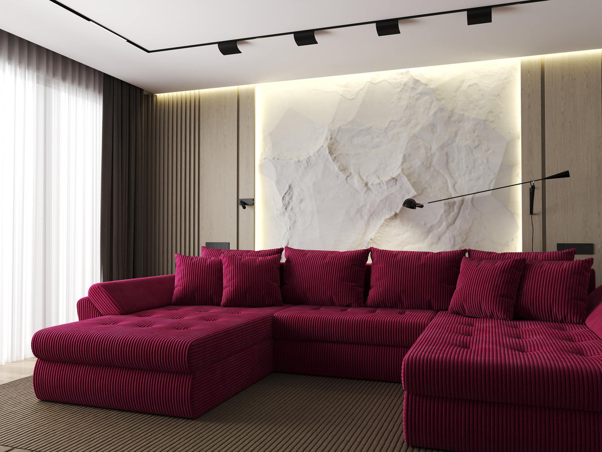 Colțar extensibil dumonde cu ladă de depozitare si sezut confortabil din spuma HR, Loana U Bordeaux Zoom 355x185 cm Fabrica