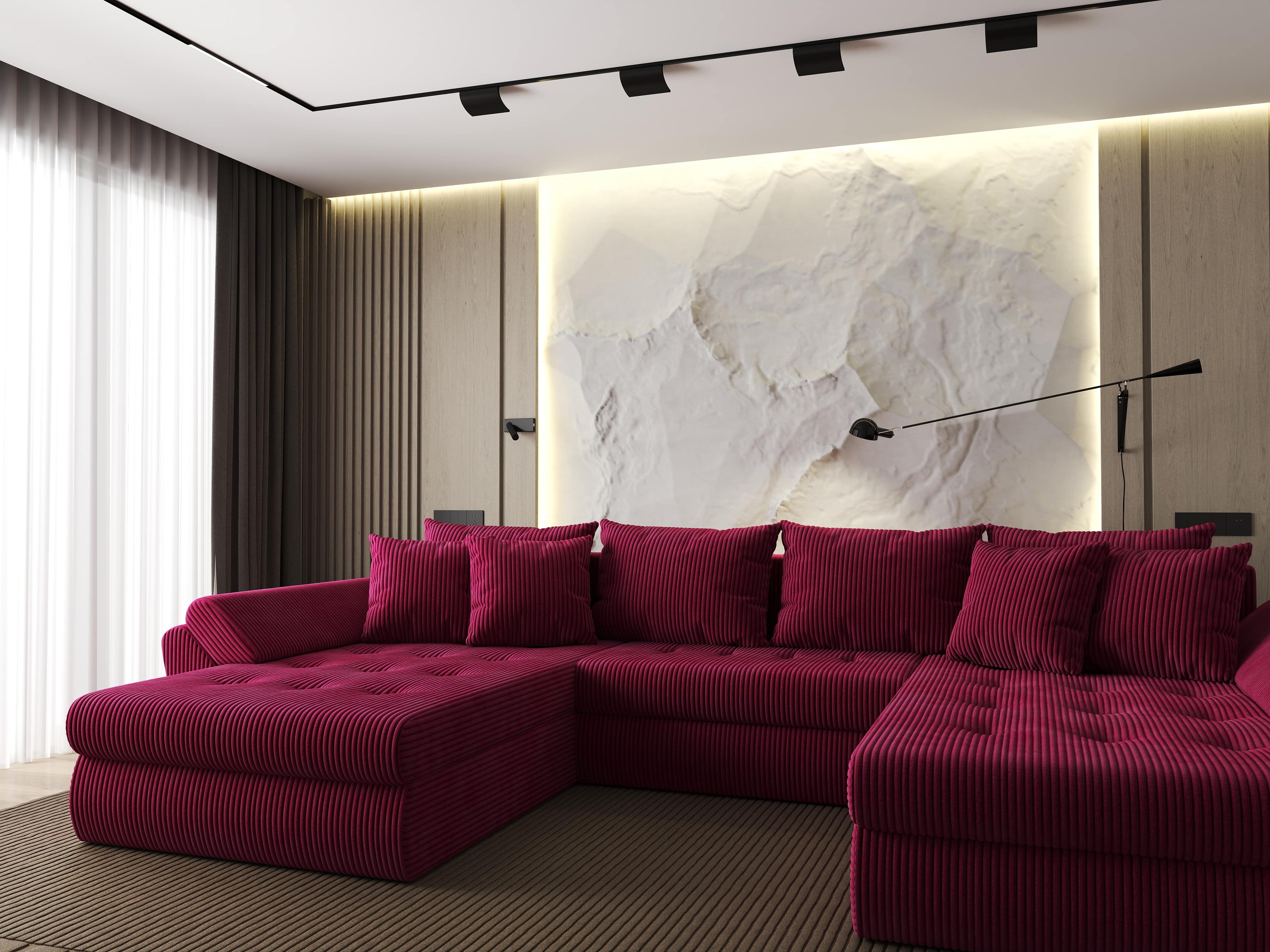 Colțar extensibil dumonde cu ladă de depozitare si sezut confortabil din spuma HR, Loana U Bordeaux Zoom 355x185 cm Fabrica