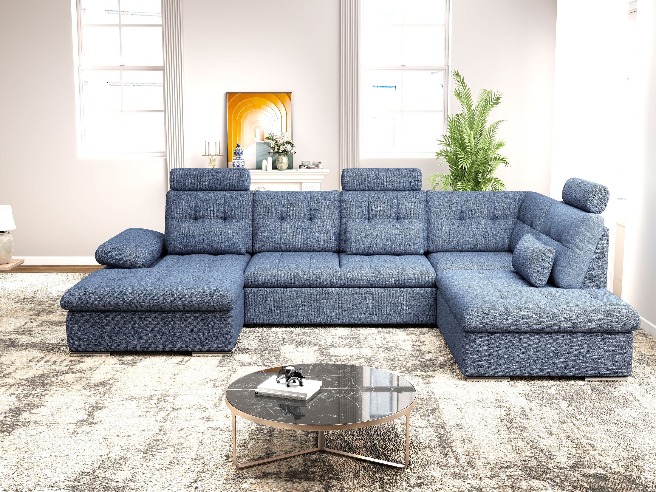 Colțar extensibil dumonde cu ladă de depozitare și șezut confortabil din spumă HR, Merkur U Enjoy Albastru 324x218 cm