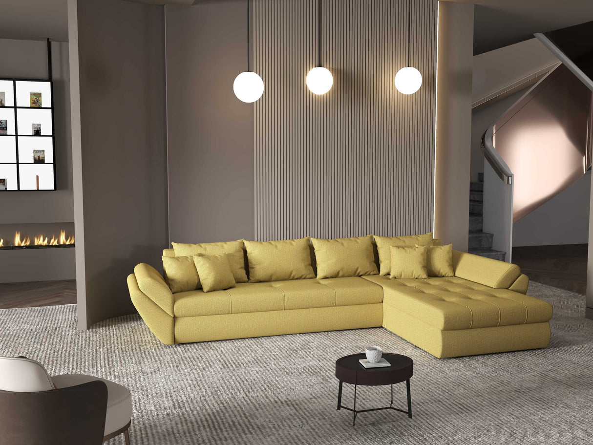 Colțar extensibil dumonde cu ladă de depozitare si sezut confortabil din spuma HR, Loana XL Enjoy Melon II 335x185 cm Fabrica