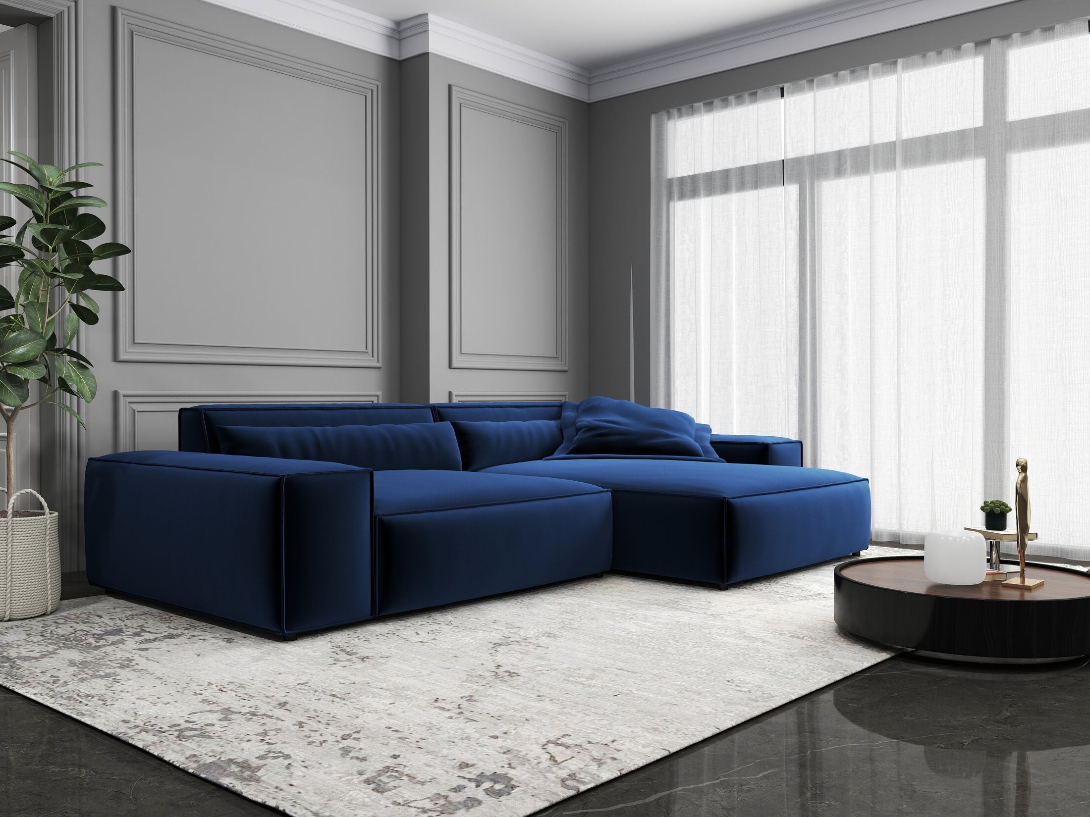 Colțar dumonde cu șezut confortabil din spumă HR, Marvelo Royal Albastru Navy 264x175 cm II