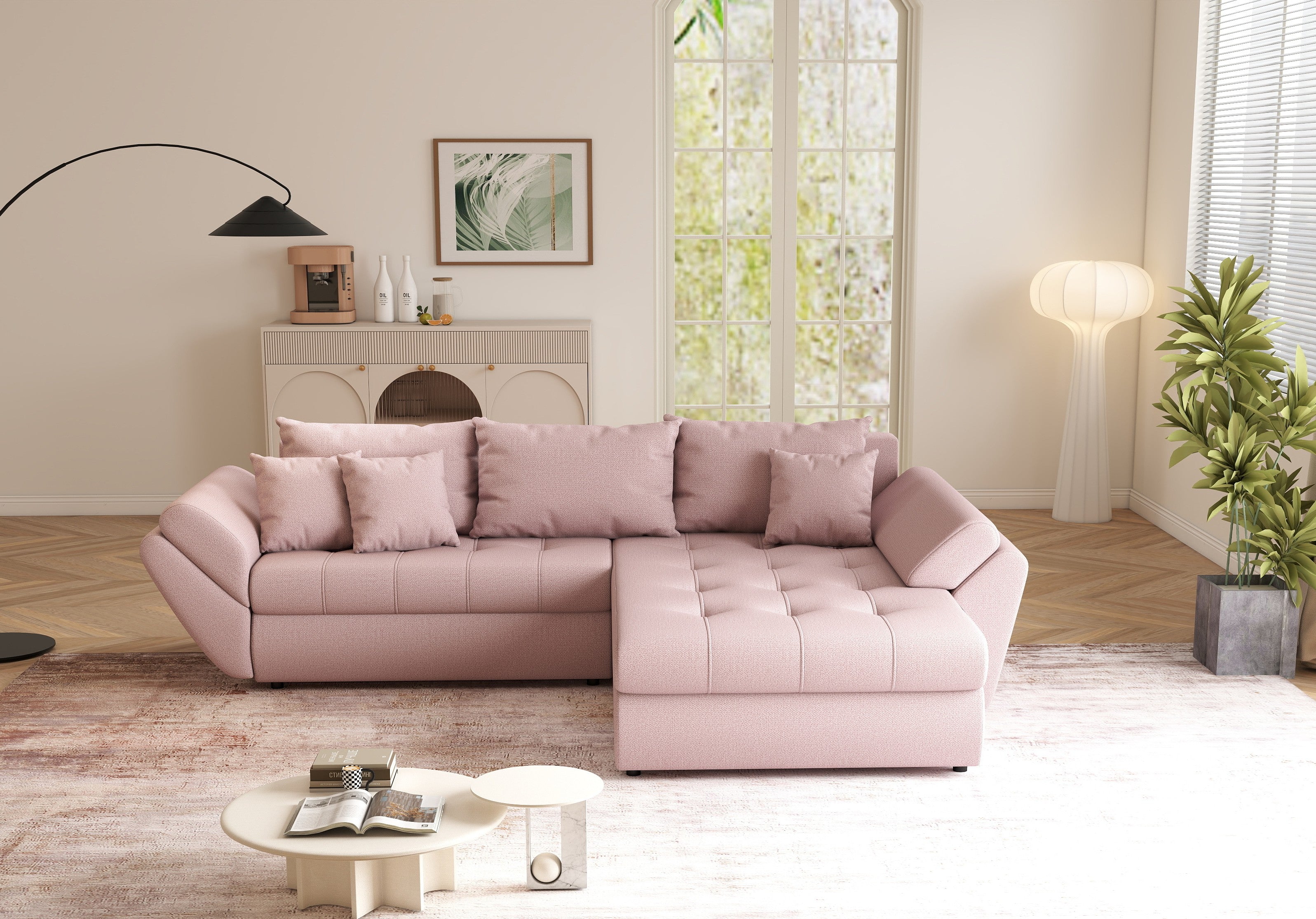 Colțar extensibil dumonde cu ladă de depozitare si sezut confortabil din spuma HR, Loana Roz II 270x185 cm Fabrica