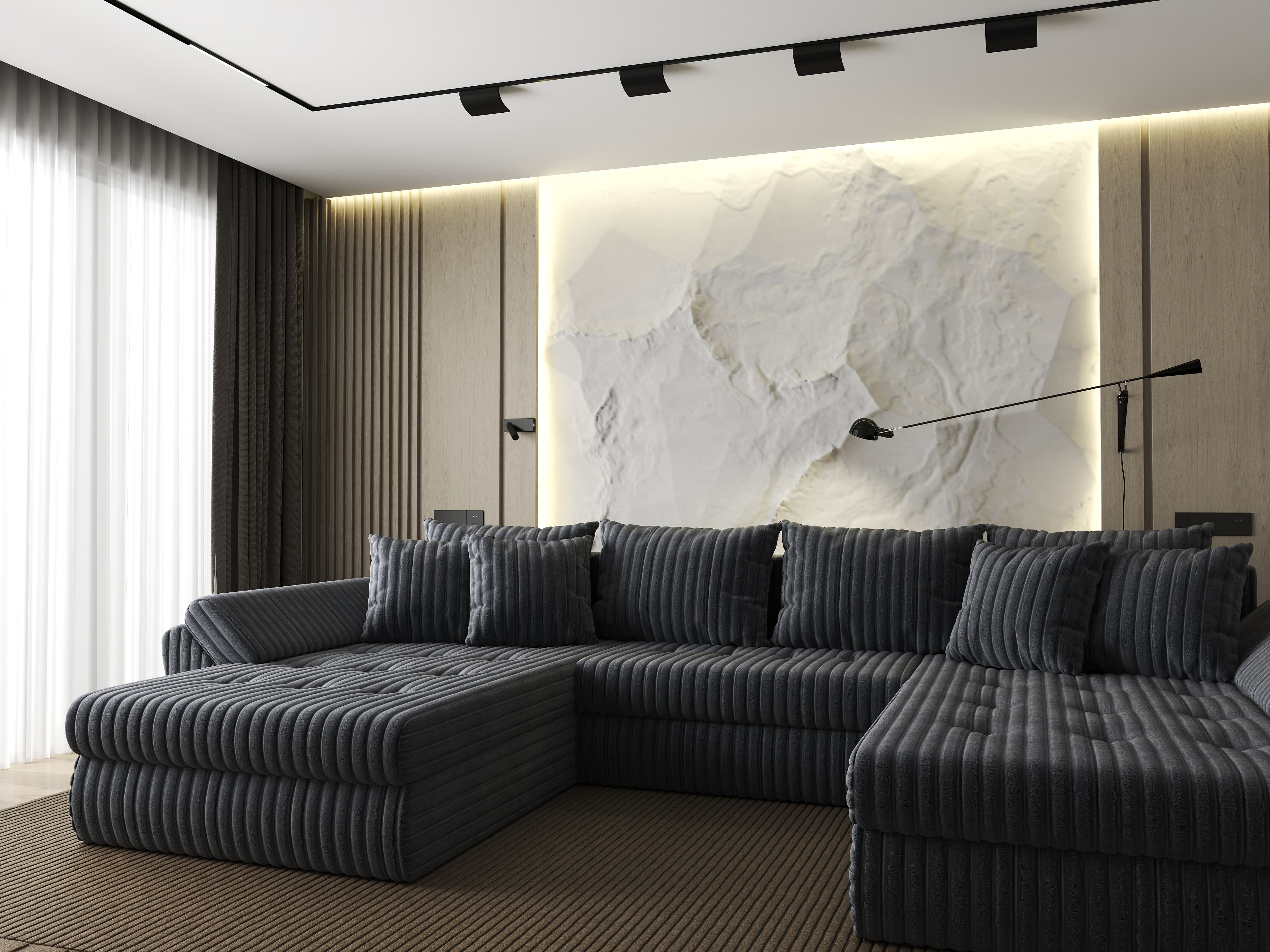 Colțar extensibil dumonde cu ladă de depozitare si sezut confortabil din spuma HR, Loana U Gri Ambience 355x185 cm Fabrica
